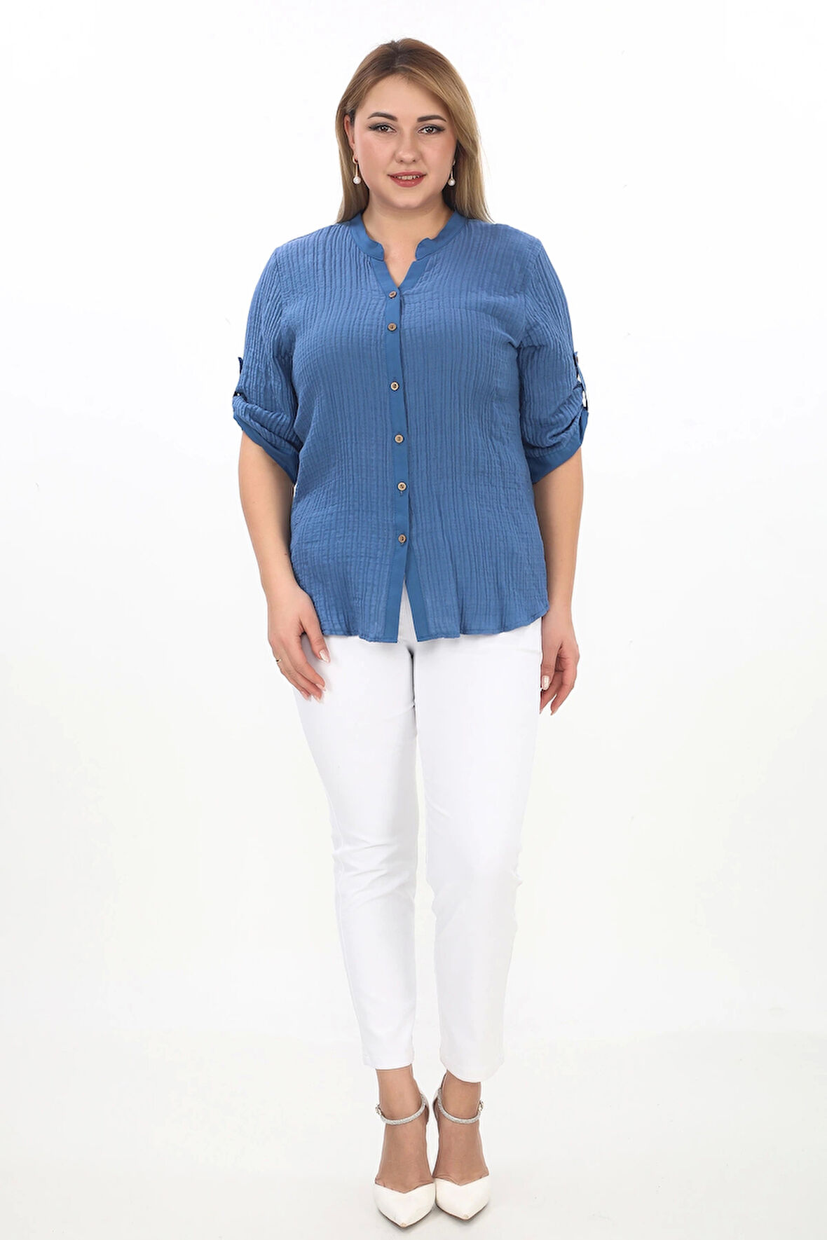 %100 Cotton Hakim Yaka Büyük Beden Kadın Müslim Kumaş Gömlek