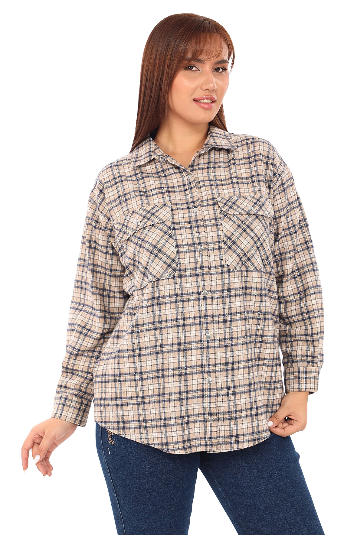 Taşlı Ekose Cepli Büyük Beden Gömlek