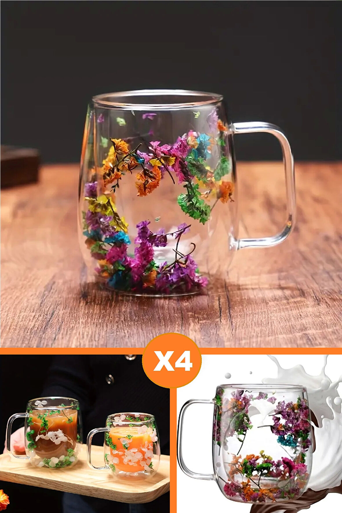 4'lü Çift Cidarlı Flower Cup 350ml Çiçekli Bardak Kahve Çay Bardağı El Yapımı Kulplu Cam Bardak Set