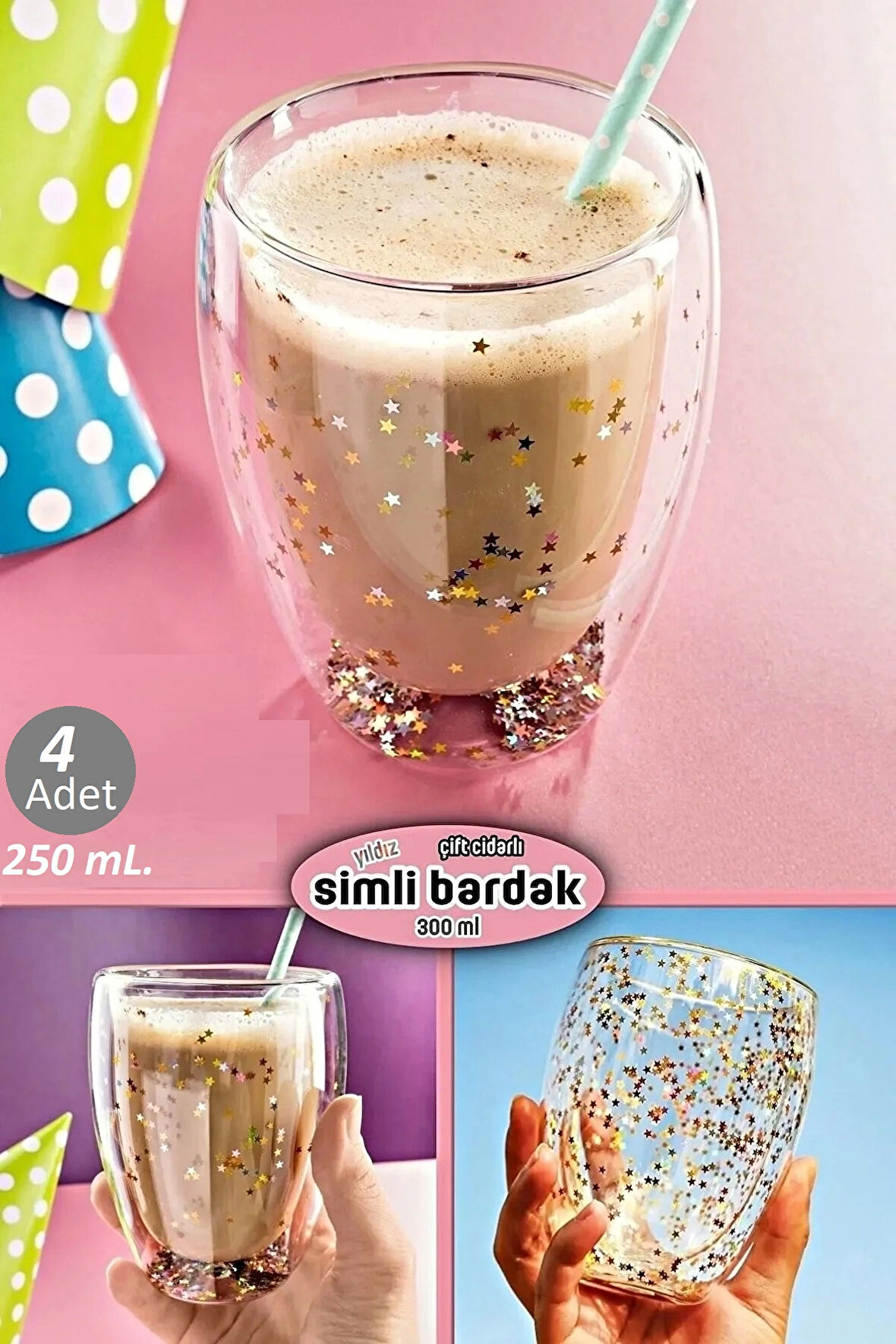 4'lü Çift Cidarlı Bardak Yıldız Simli Kahve Sunum Kokteyl Bardağı Isıya