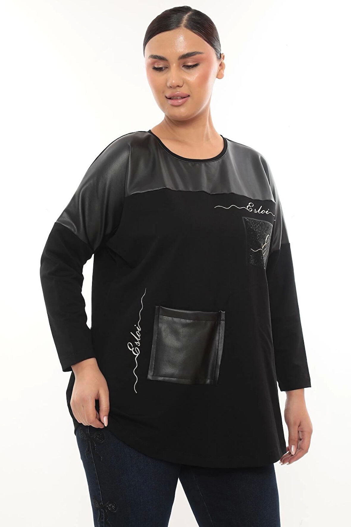 Rahat Kalıp Büyük Beden Kadın Bluz Uzun Kol Taş Detaylı