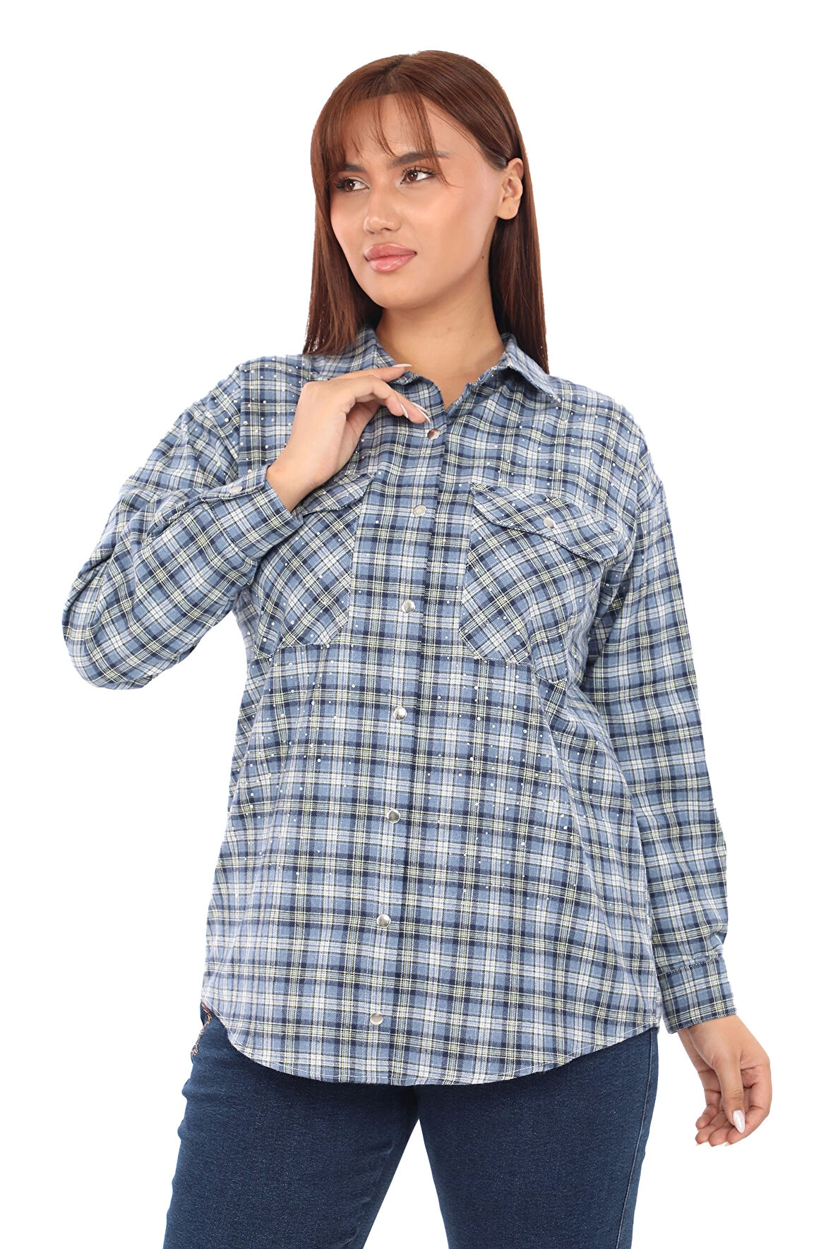 Taşlı Ekose Cepli Büyük Beden Gömlek