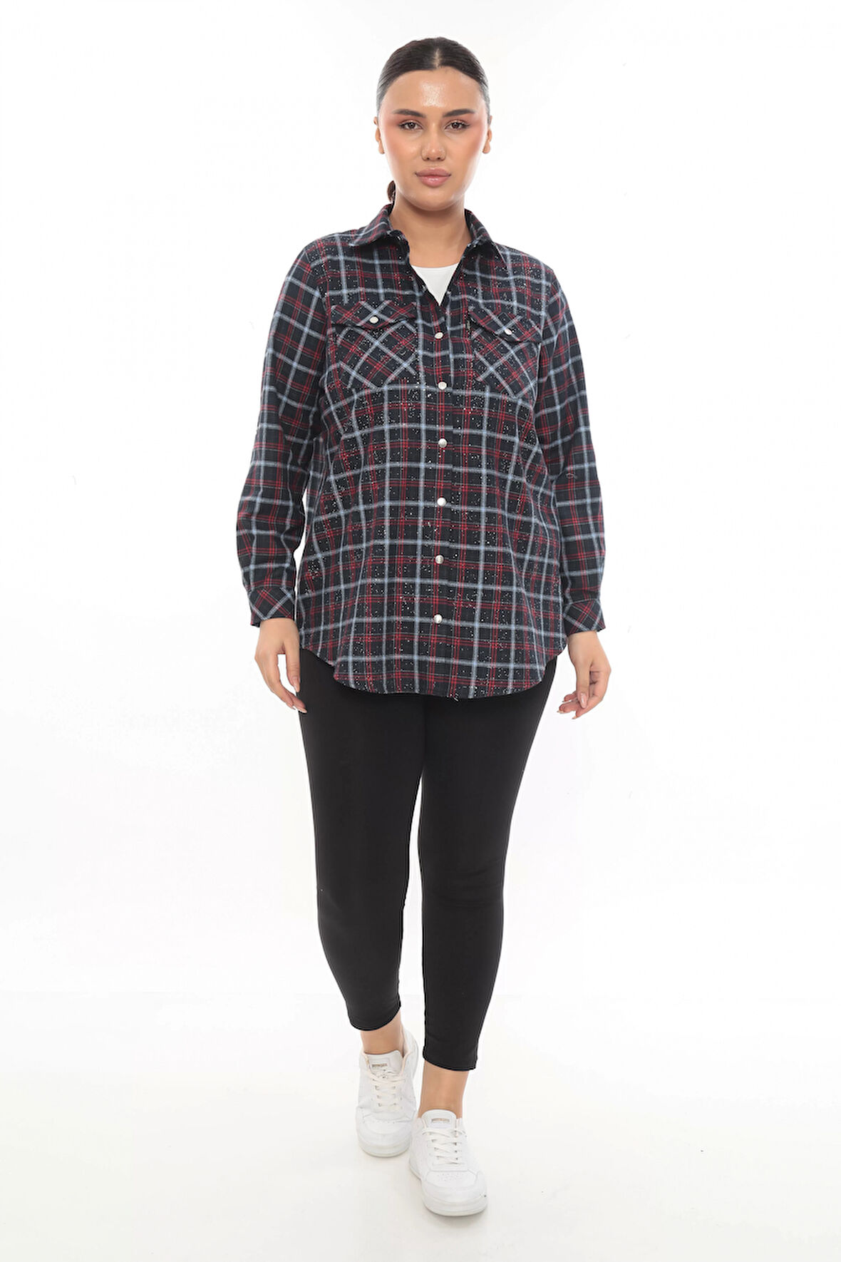 Büyük Beden Ekose Desenli Simli Rahat Kalıp Kadın Gömlek