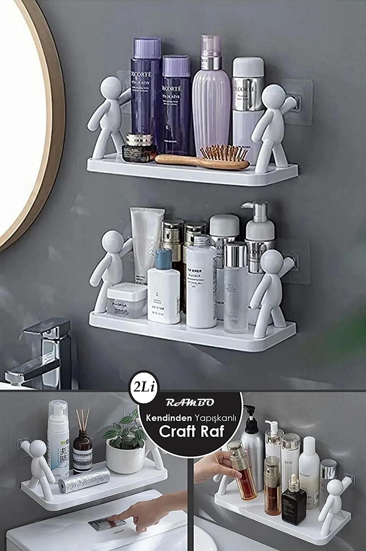 2'li Kendinden Yapışkanlı Craft Banyo Rafı Baharatlık Mutfak Organizer Duvara