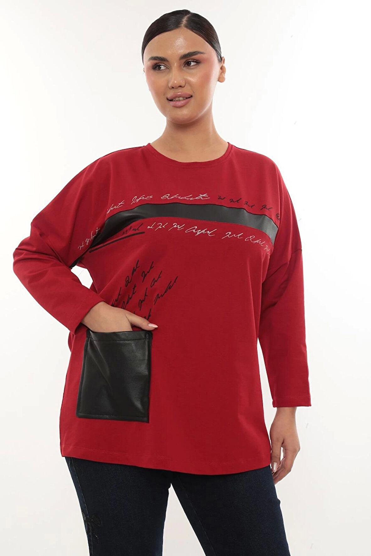 Rahat Kalıp Büyük Beden Kadın Bluz Uzun Kollu Yazı Detaylı Cepli