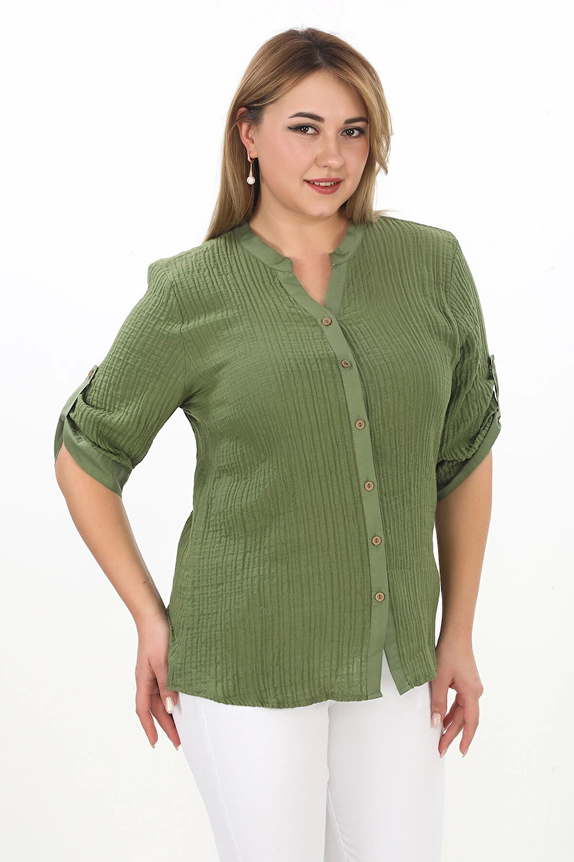 %100 Cotton Hakim Yaka Büyük Beden Kadın Müslim Kumaş Gömlek