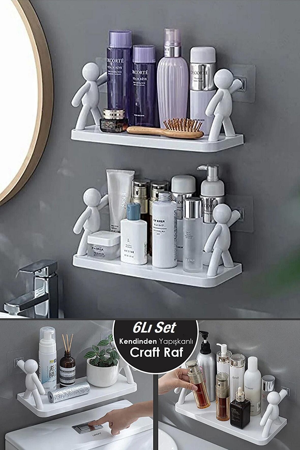 6Lı Kendinden Yapışkanlı Craft Banyo Raf Tarz Baharatlık Rafı