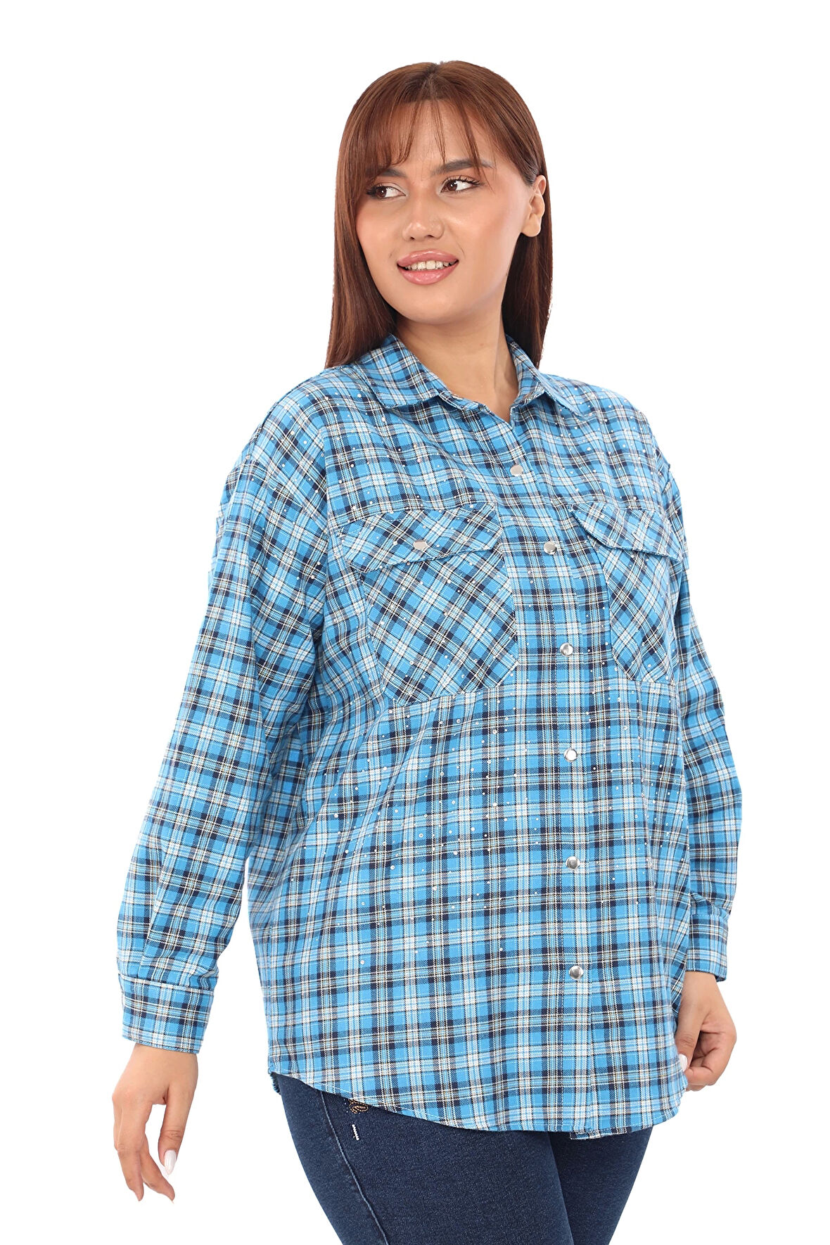 Taşlı Ekose Cepli Büyük Beden Gömlek