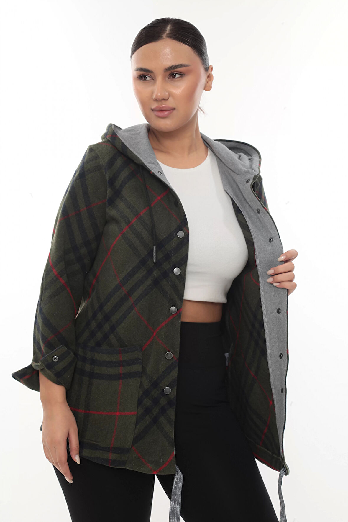 Büyük Beden Rahat Kalıp Kapüşonlu Oduncu Kadın Gömlek Hırka