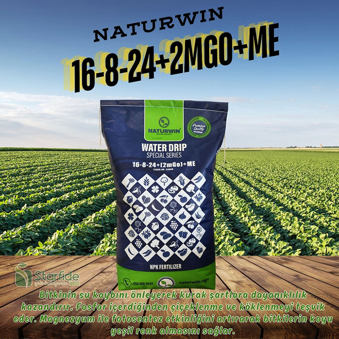 NATURWIN NPK 16-8-24+(2MMgO)+Me Water Drip Damlama Gübresi 25 Kg.