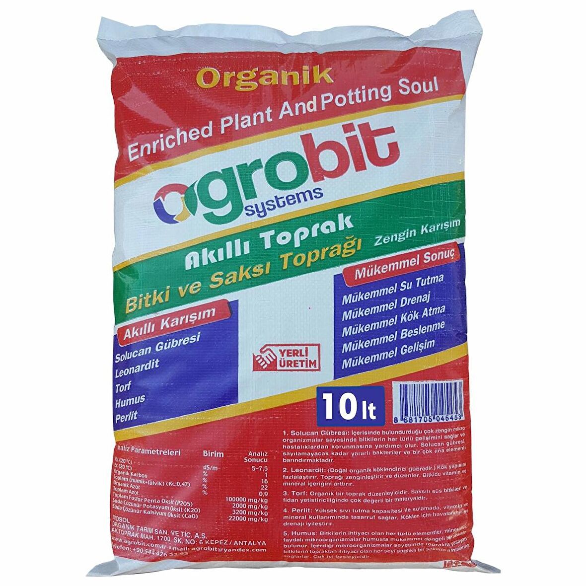 Agrobit 10 lt Akıllı Bitki ve Saksı Toprağı Zengin Karışım Torf Humus Perlit Leonardit Solucan Gübre