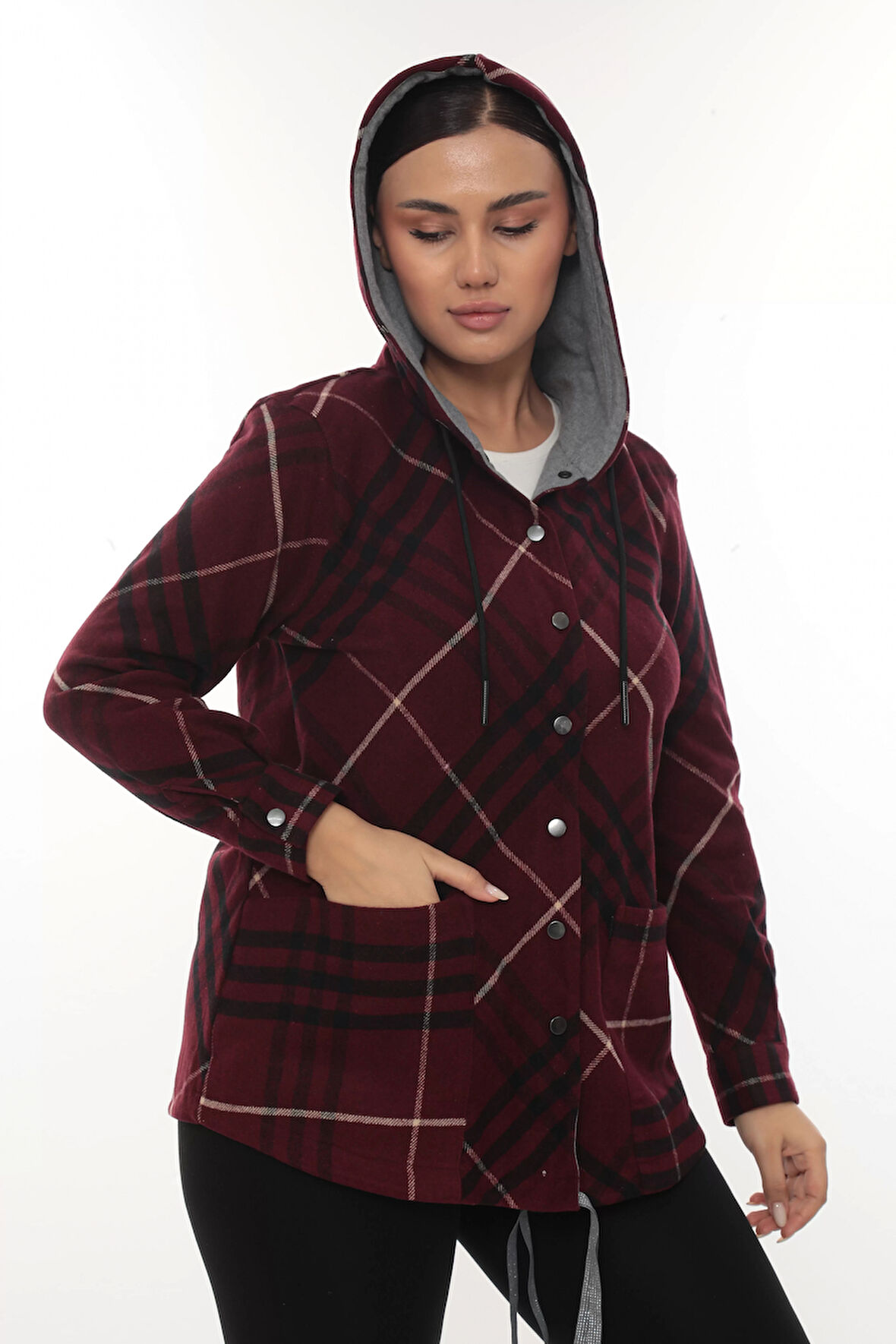 Büyük Beden Rahat Kalıp Kapüşonlu Oduncu Kadın Gömlek Hırka