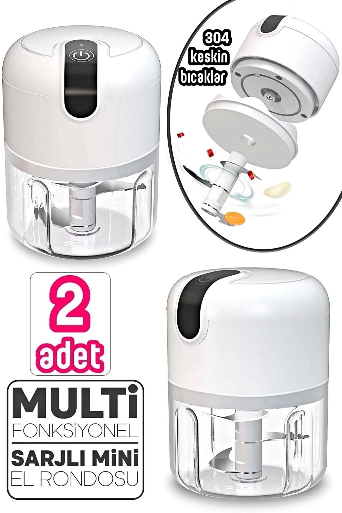 2'li Şarjlı Mini El Rondosu Çelik 3 Bıçaklı 250 Ml Mutfak Robotu Hazneli Sebze Et Doğrayıc Rende