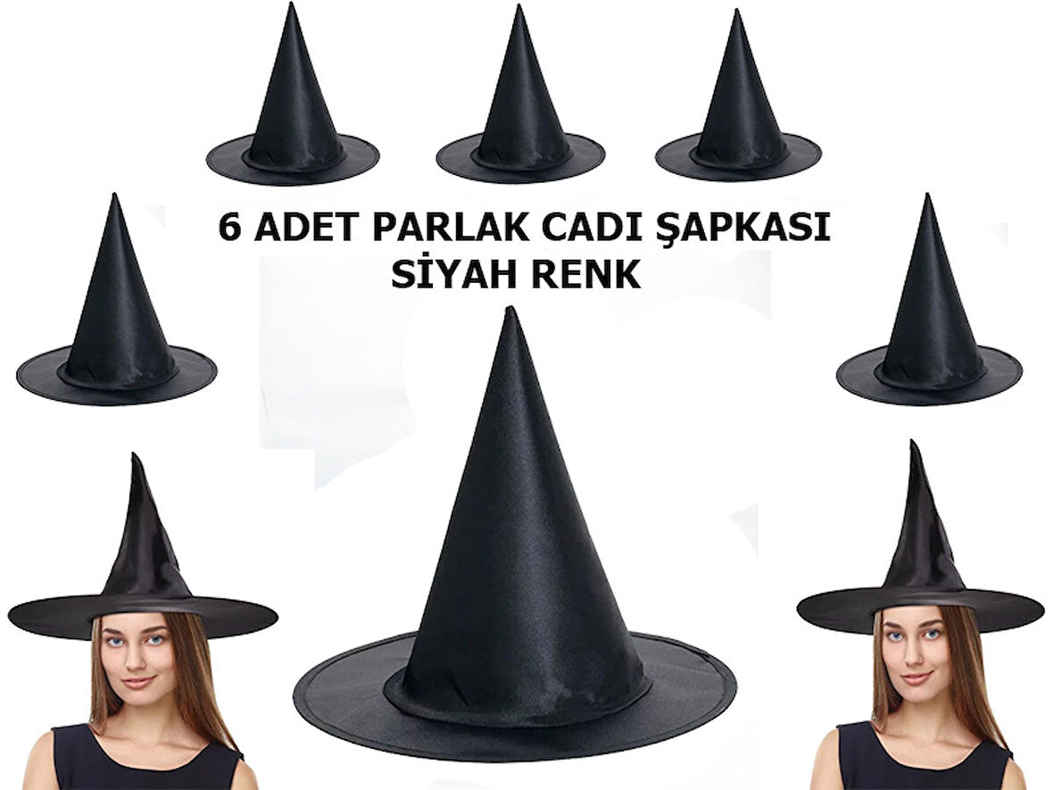 Halloween Siyah Renk Parlak Dralon Cadı Şapkası Yetişkin ve Çocuk Uyumlu 6 Adet
