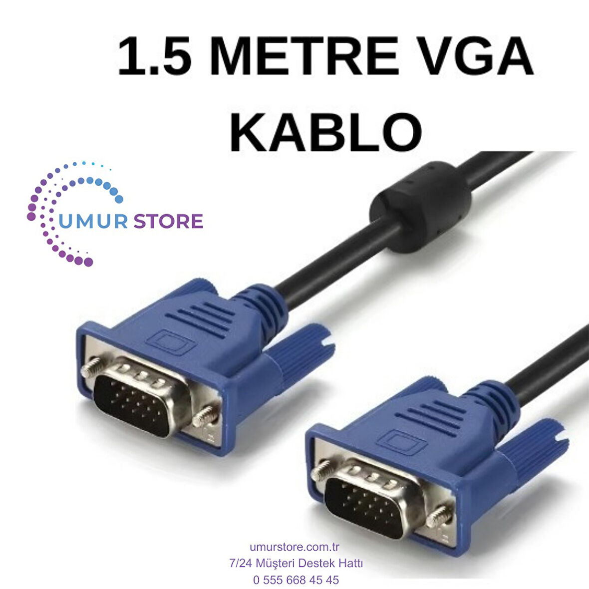 VGA Kablo – 1.5 Metre Net Görüntü, Dayanıklı  Erkek‑Erkek Görüntü Kablosu