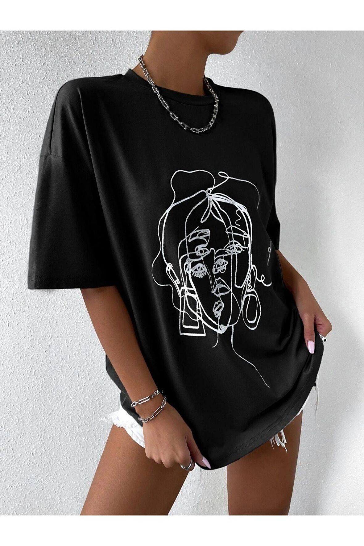 Unisex Siyah Yüz Baskılı Oversize Tshirt