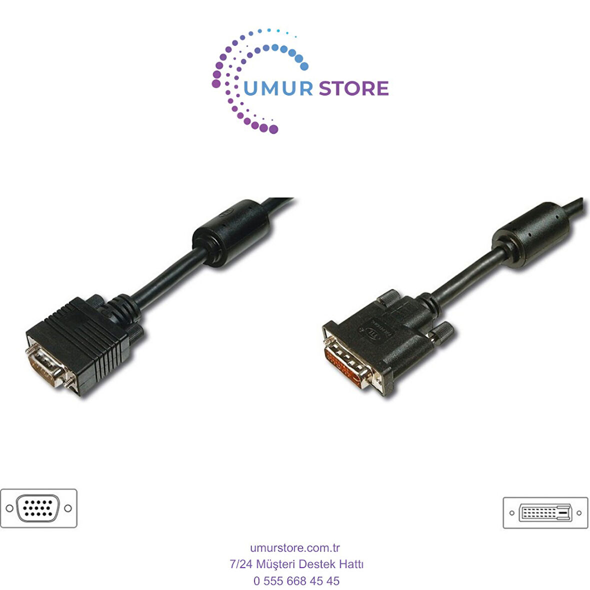 DVI - VGA Bağlantı Kablosu, DVI-I (24+5) Erkek VGA (HD15) Erkek, DVI-I dual link, 2 metre, UL, siyah renk