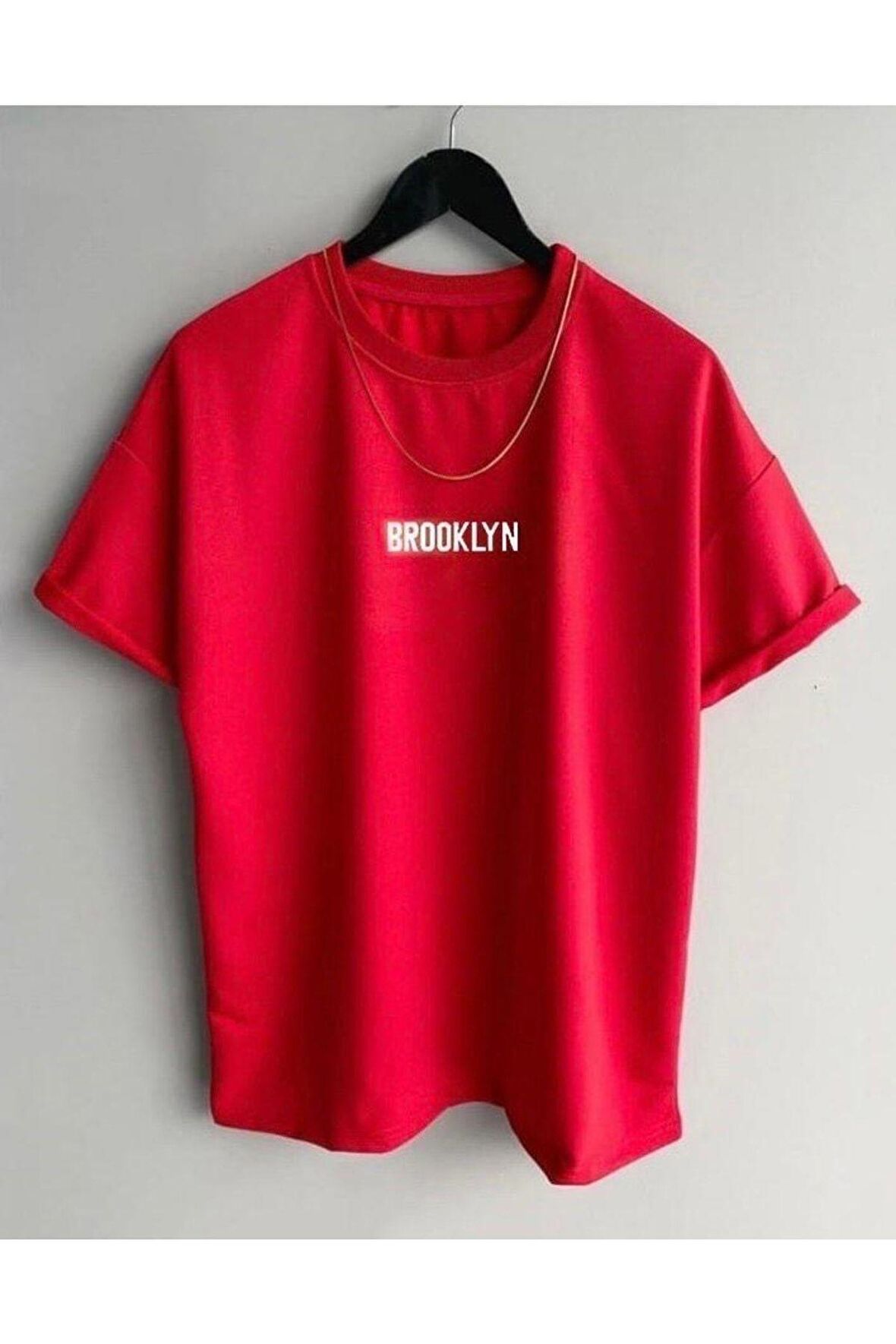 Erkek Kırmızı Brooklyn Baskılı Oversize Bisiklet Yaka Kısa Kollu Tshirt