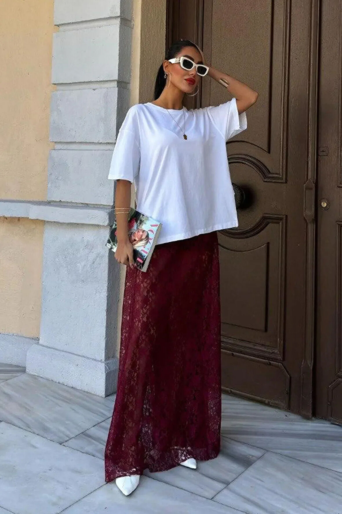 Crimson Grace Kadın Bordo Dantel Maxi Etek – Şık Yazlık Tasarım