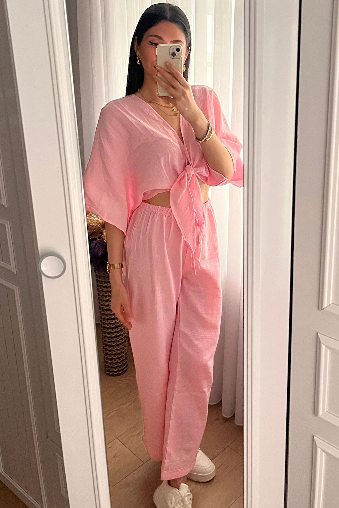 Primavera Kadın Pembe Müslin Bağlamalı Bluz & Bol Paça Pantalon Takım – Rahat Yazlık Kombin