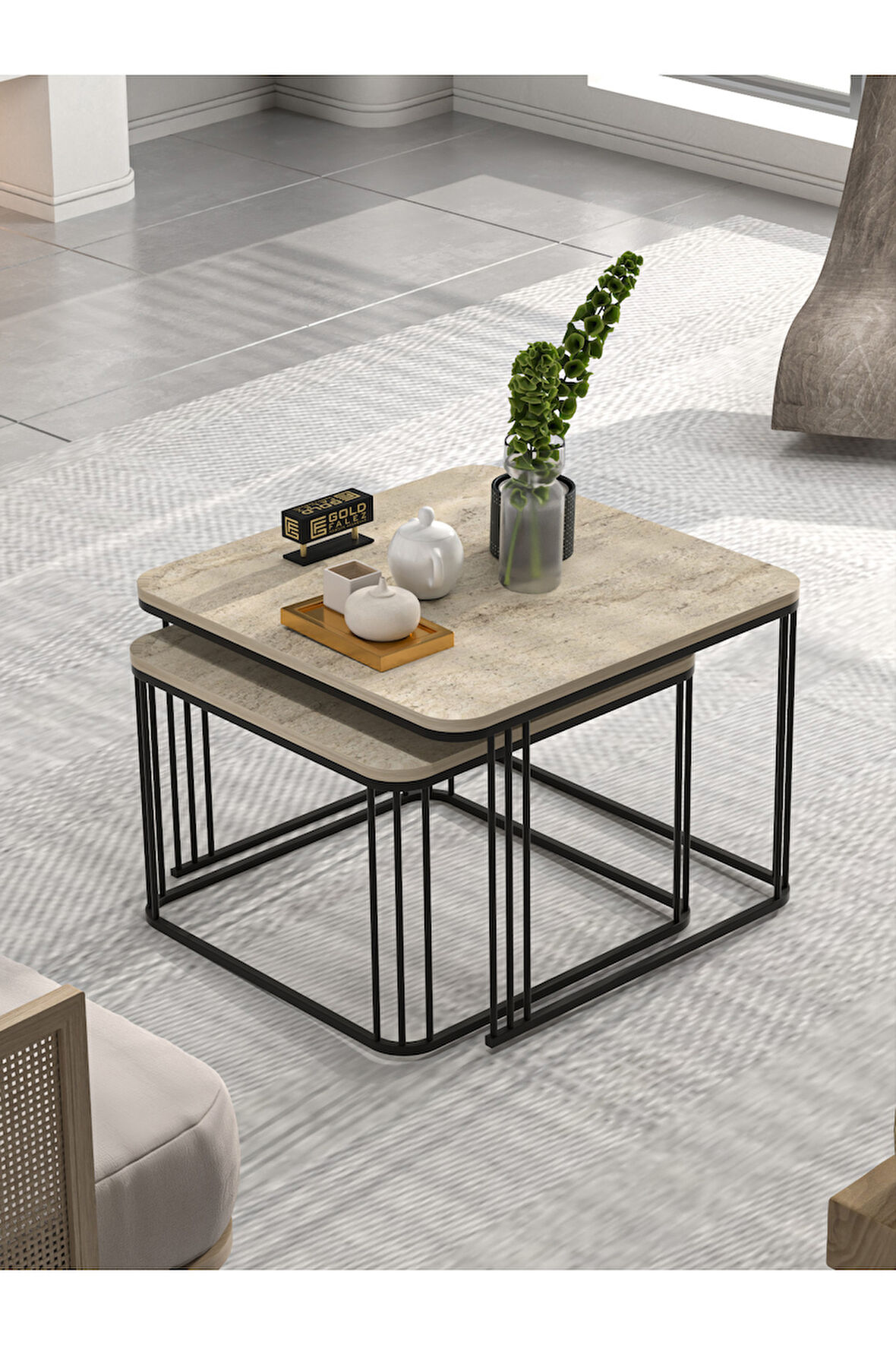 Orta Sehpa Ve Zigon Sehpa Damla Gold Beyaz