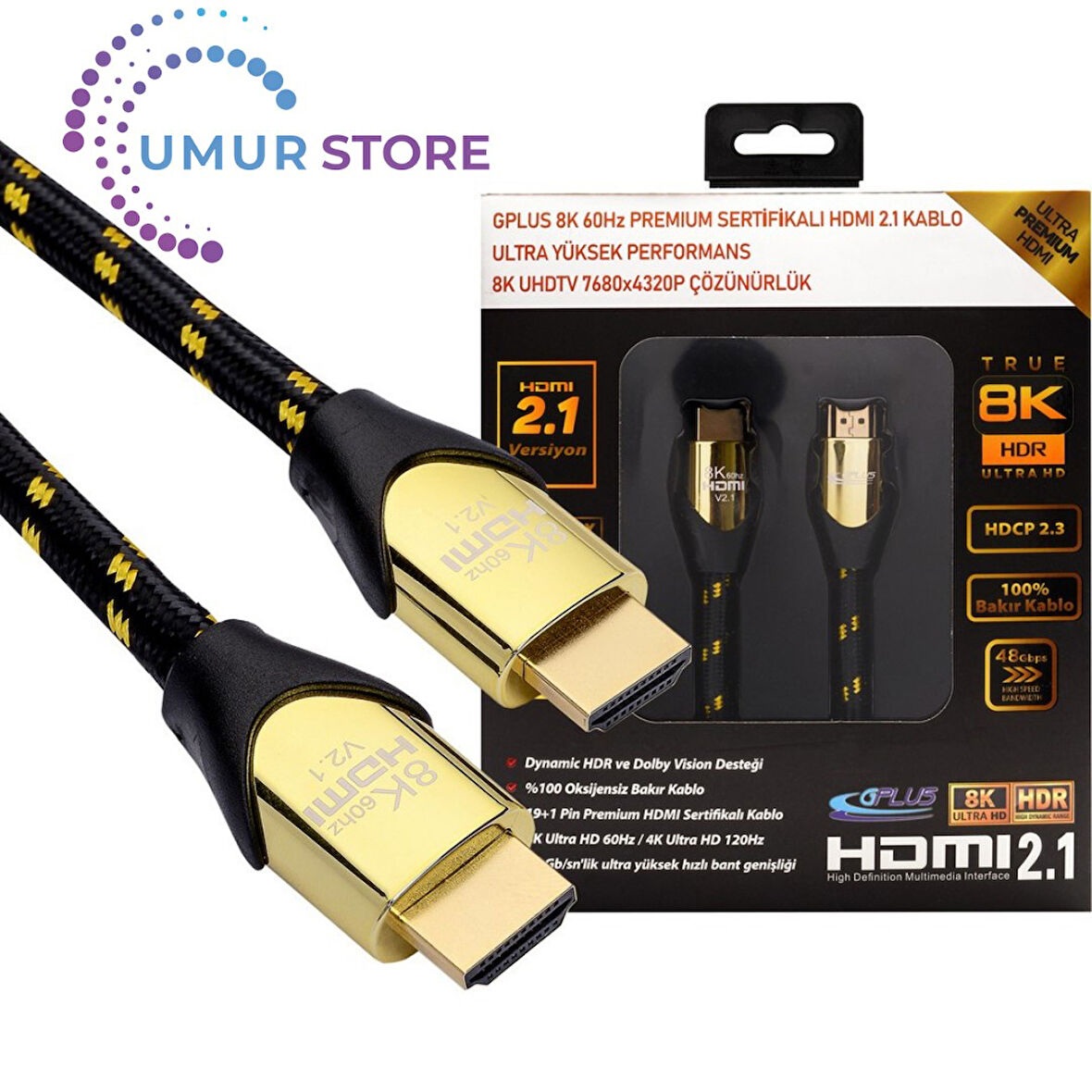 8K60 2 Metre HDMI 2.1 48 Gbps 8k Ultra Hd Premium Sertifikalı 8k 60Hz 4320P 4K 120Hz 2160P 26 Awg D-Hdr Hdcp 2.3 Earc Destekli