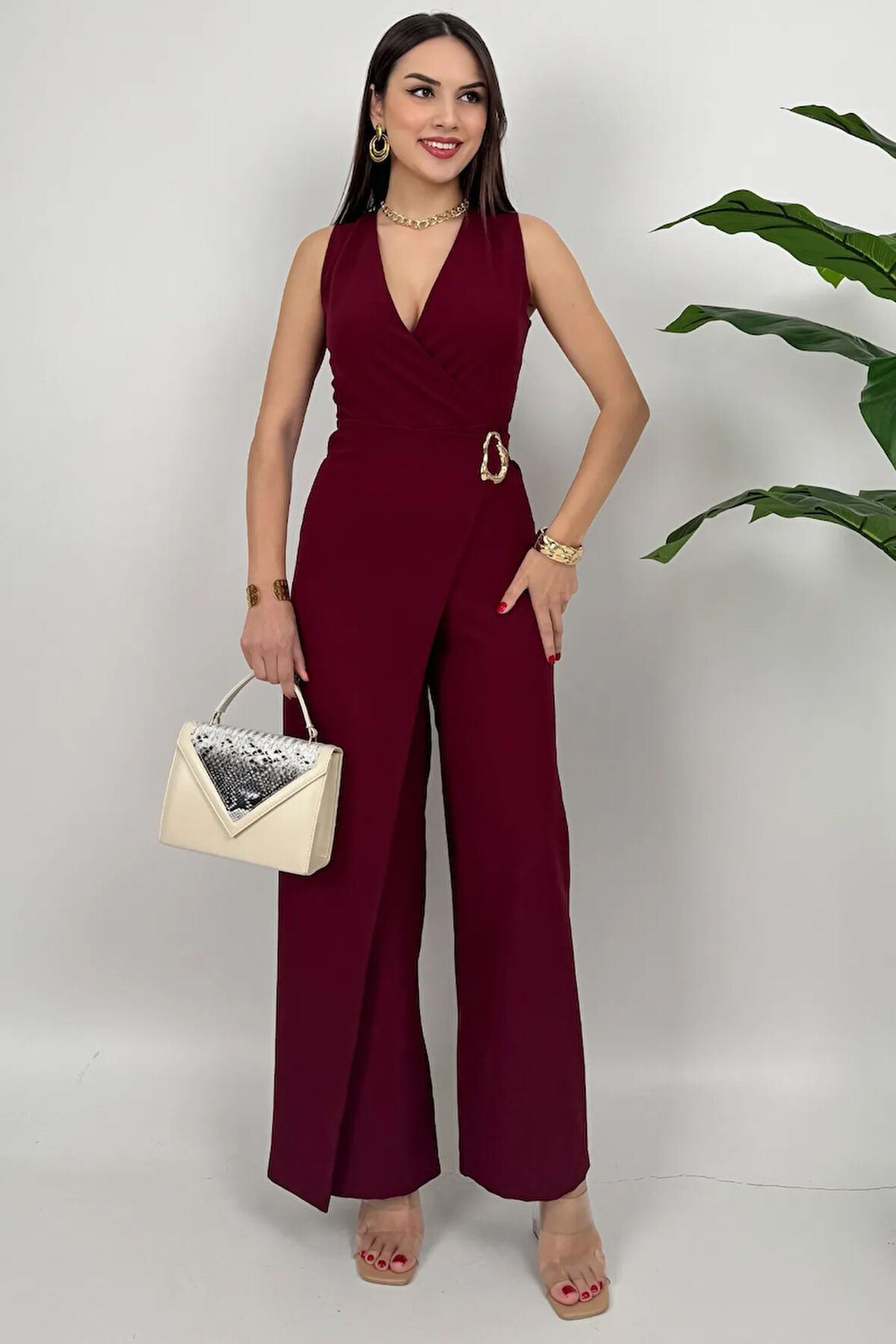 Crimson Icon Kadın Kemer Detaylı Askılı Bol Paça Bordo Tulum – Rahat Şık Yazlık Kombin