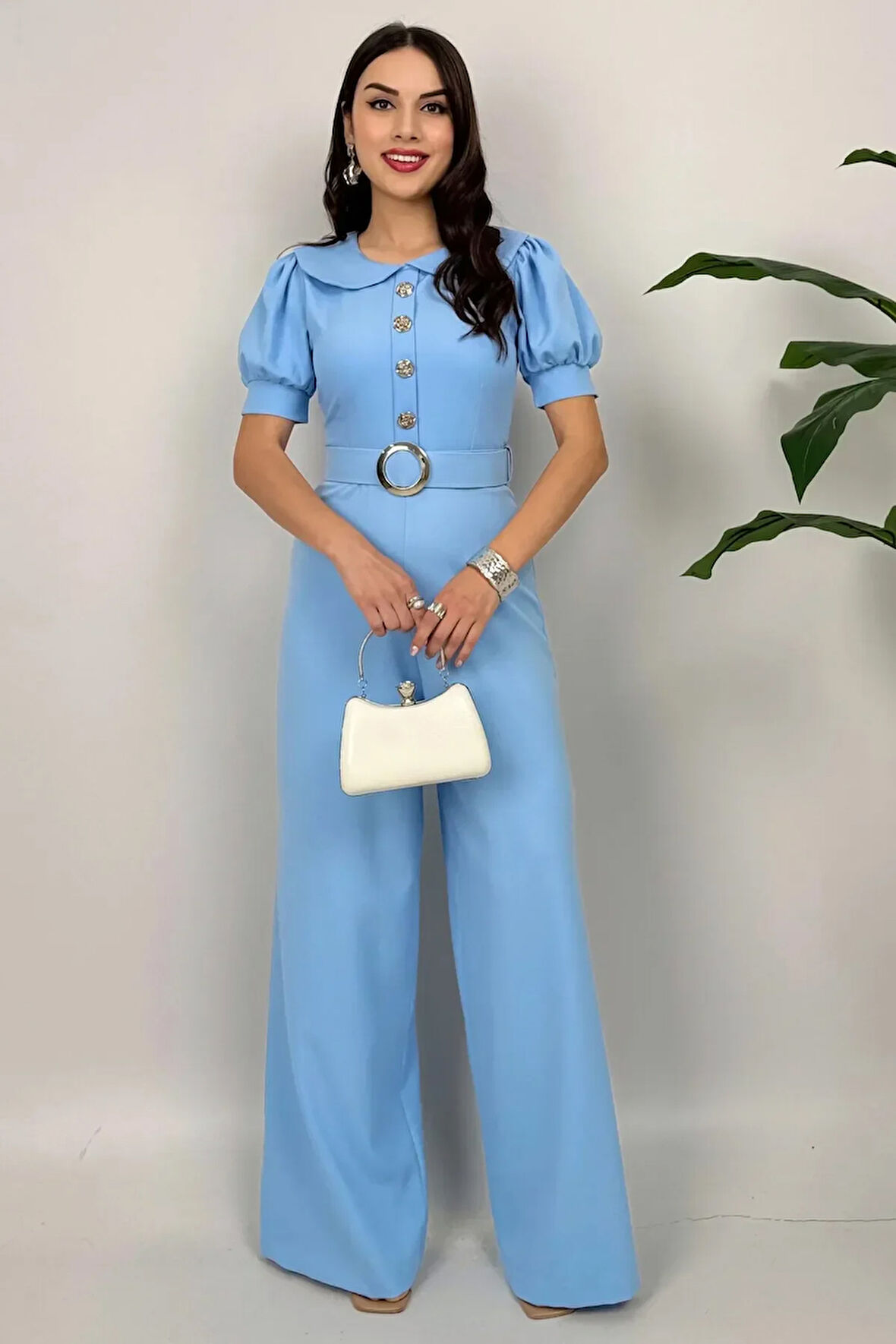 Firenze Kadın Mavi Düğmeli Kemer Detaylı Bol Paça Tulum – Zarif Akşam Şıklığı