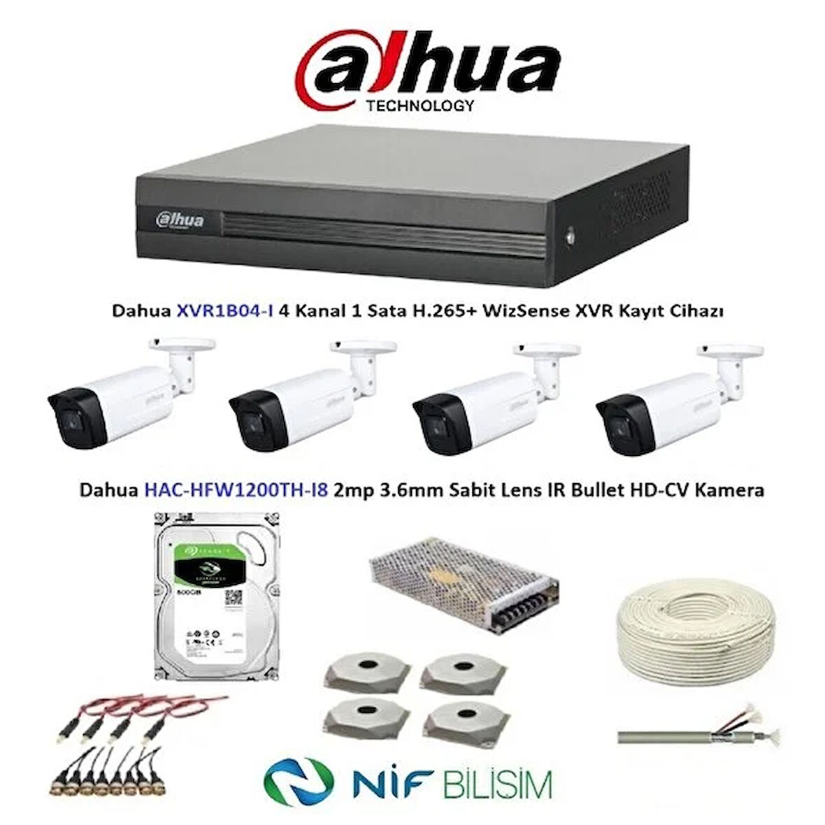 Dahua 2mp 4 Kameralı Dış Ortam Ahd Full Kamera Seti 500gb Disk Hac-hfw1200th-i8