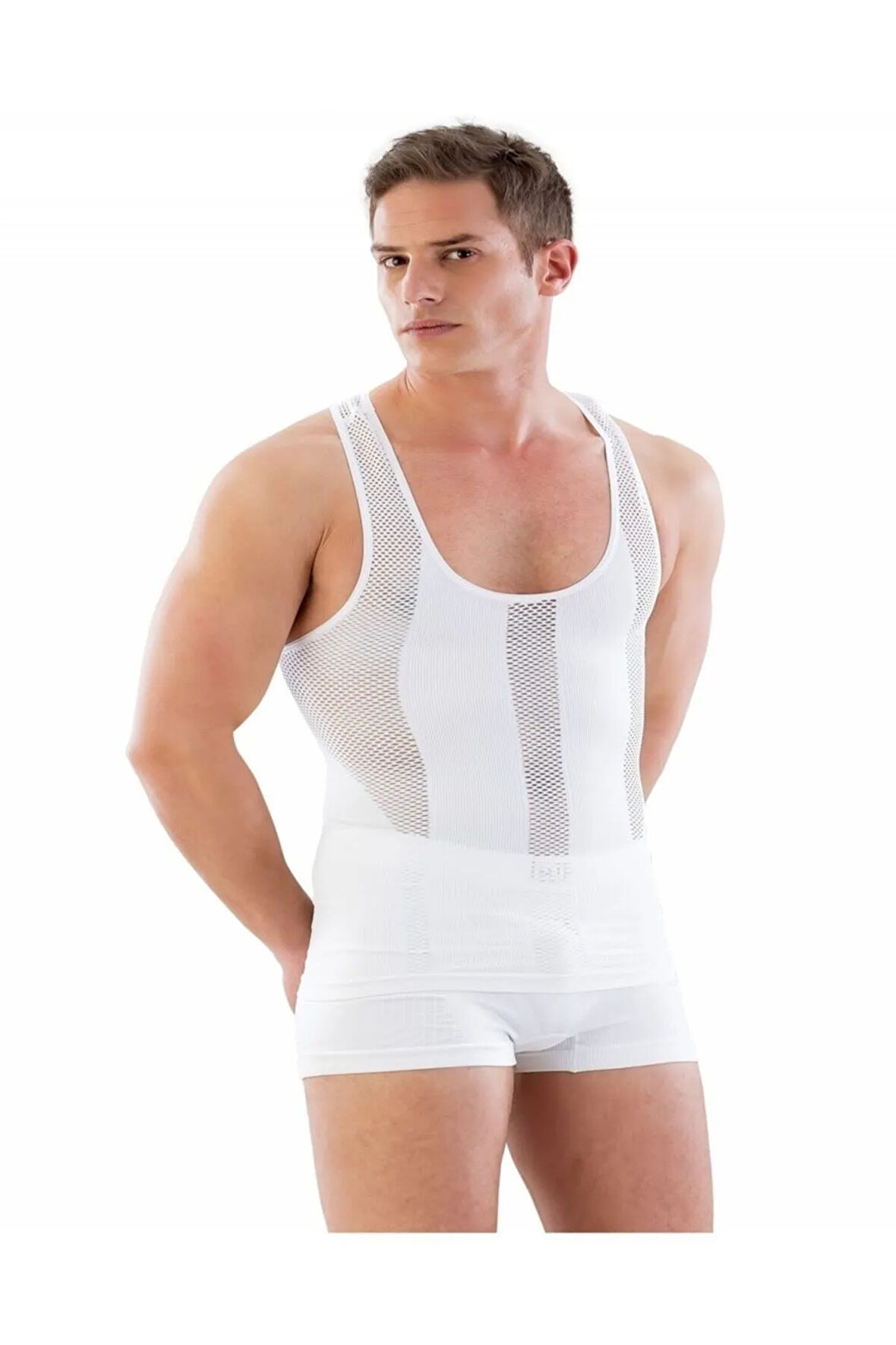Erkek Dikişsiz File Sporcu Atlet Korse Beyaz