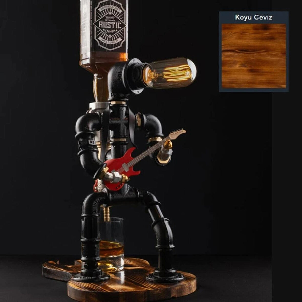 Rustik Atölye Rockstar Masa Lambalı Lampenser İçki Musluğu Koyu Ceviz