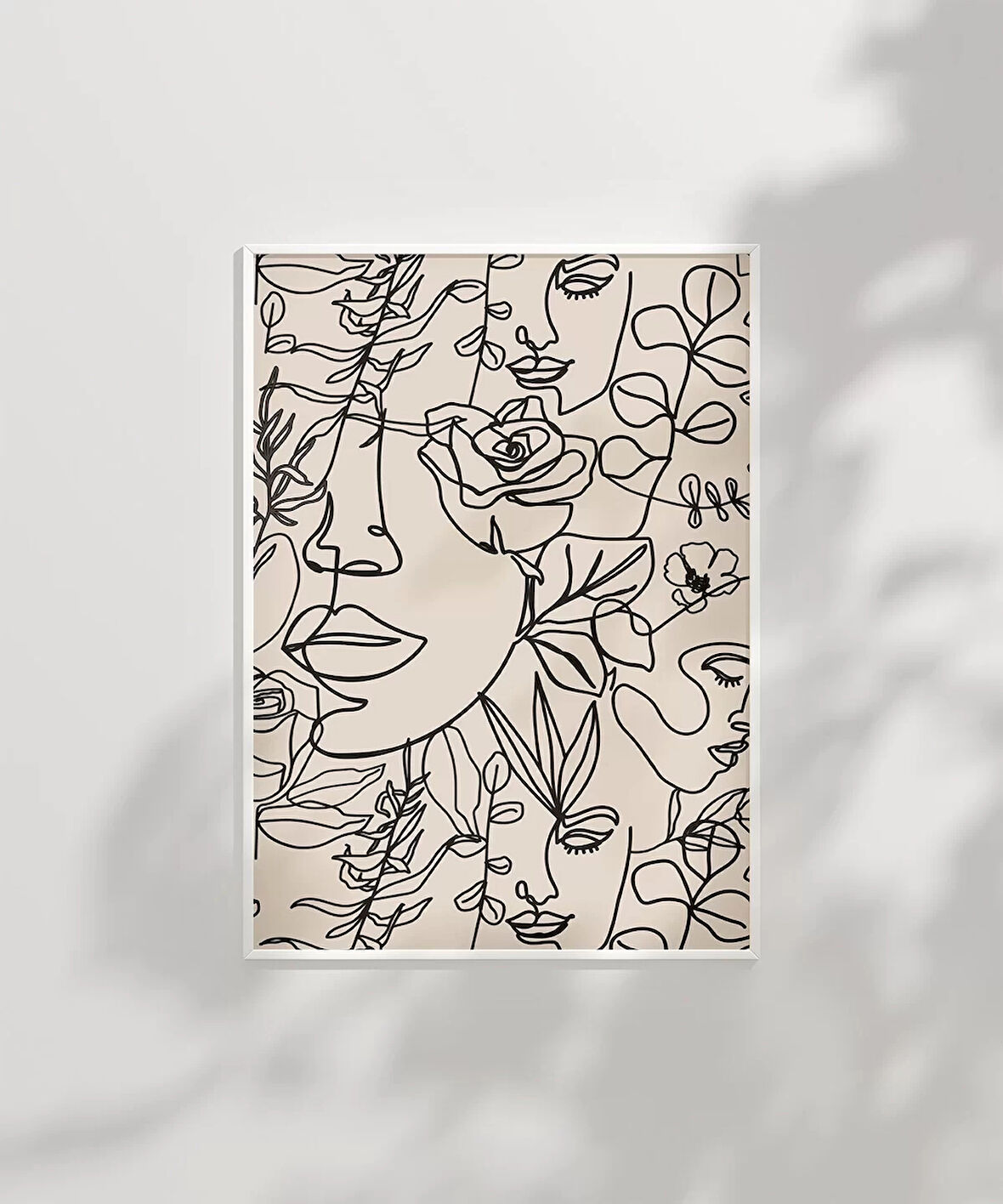 Çerçevesiz Poster Floral Line Art Yüz İllüstrasyonu