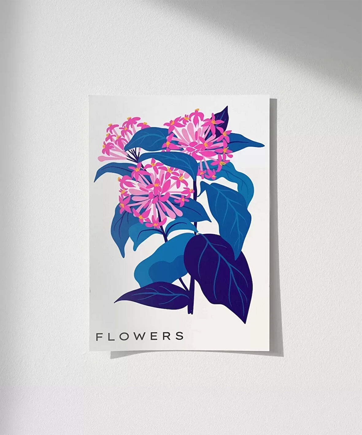 Çerçevesiz Poster Mavi Yaprak Pembe Çiçek