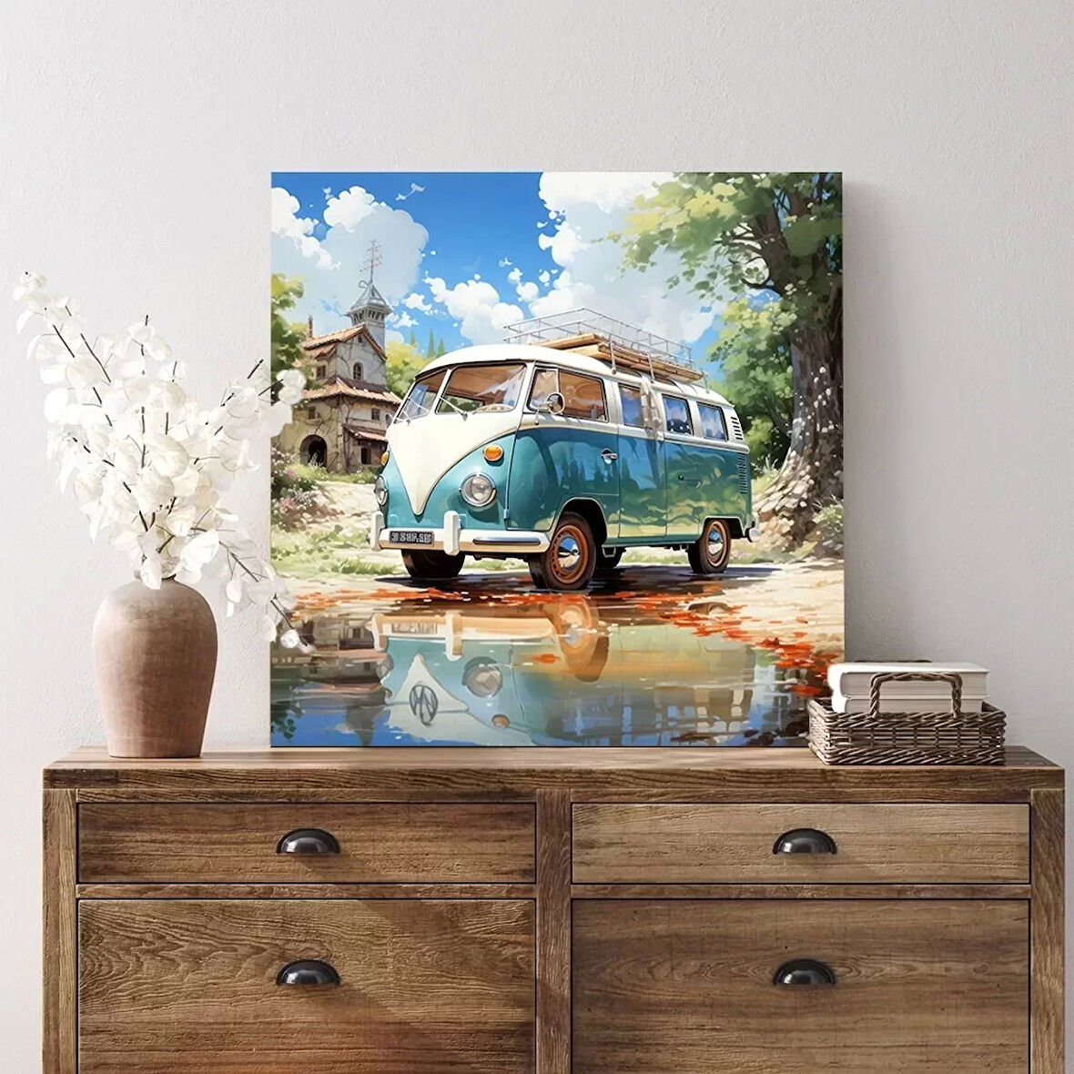 Yeşil Otobüs Kare Kanvas Tablo