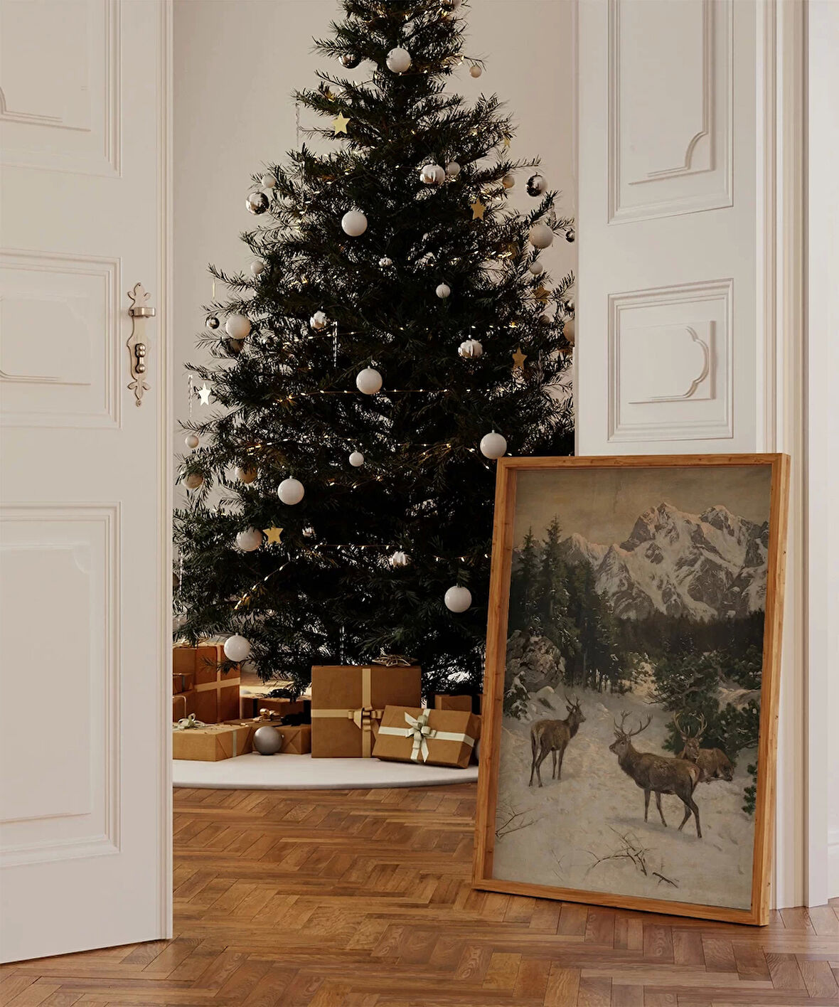 Çerçevesiz Poster Karla Kaplı Dağ Geyikleri