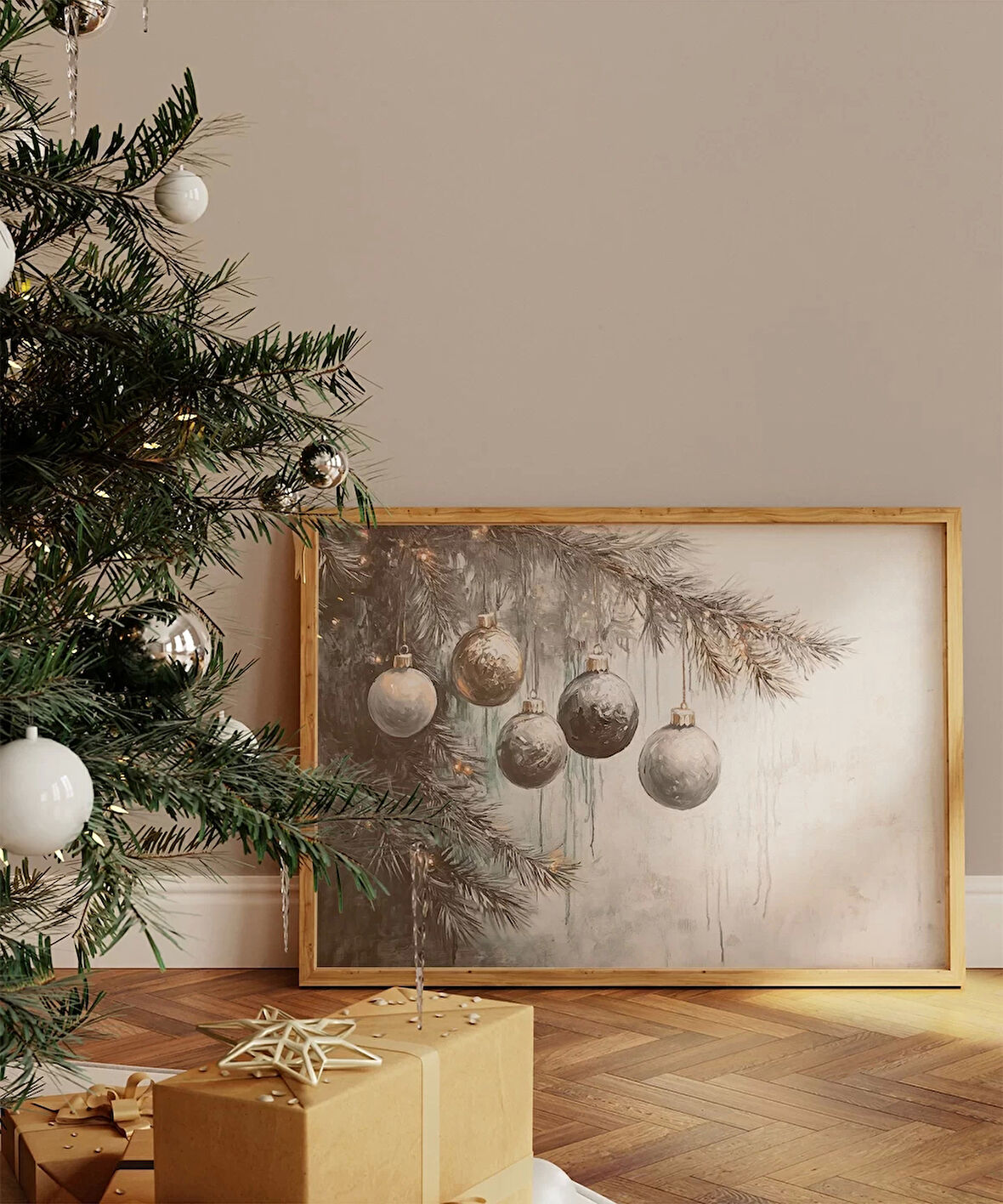 Çerçevesiz Poster Işıklarla Süslenmiş Çamlar