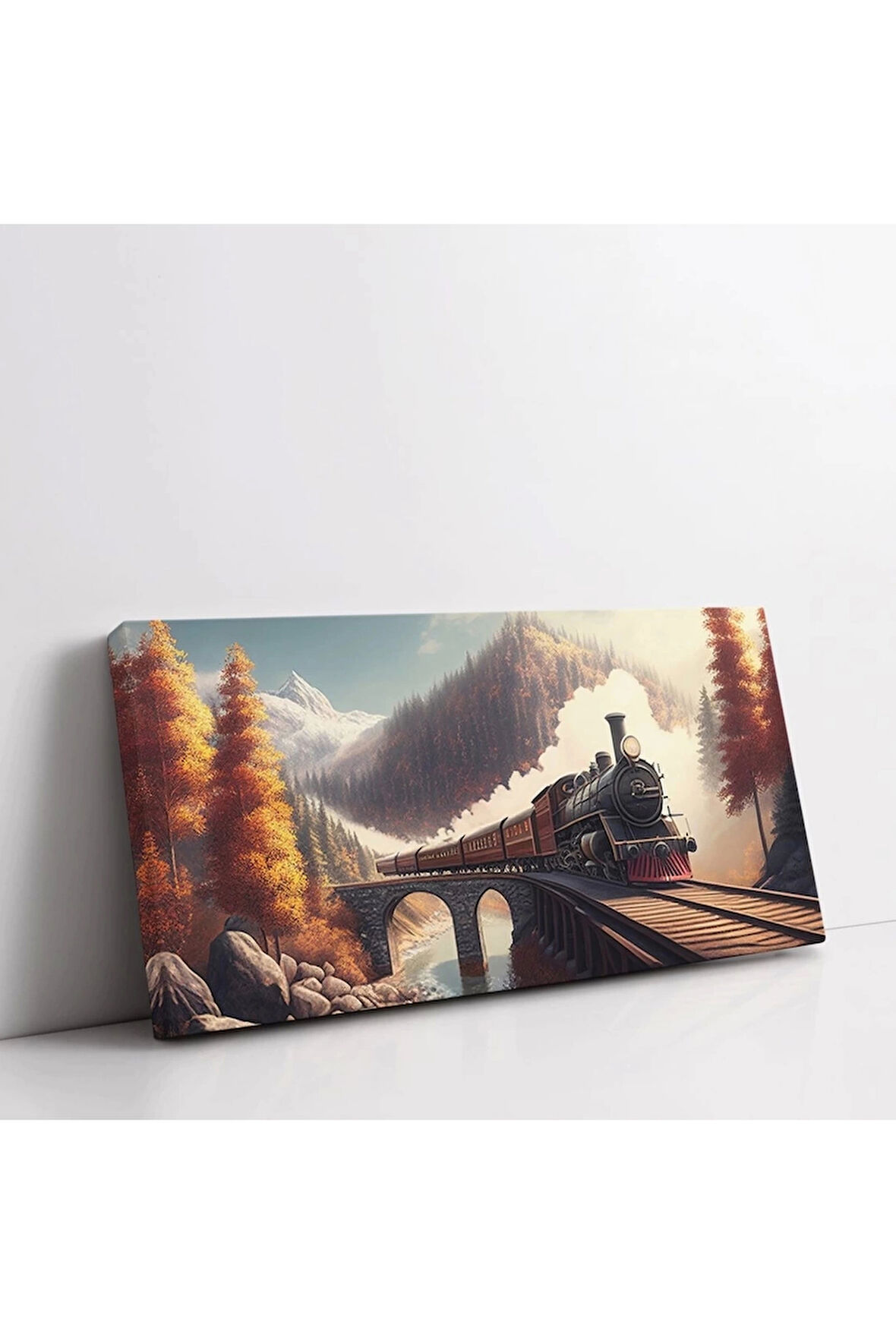 Sonbahar Treni Köprü Panoramik Yatay Kanvas Tablo