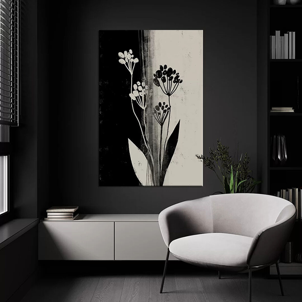 Siyah Beyaz Çiçekli Kanvas Tablo