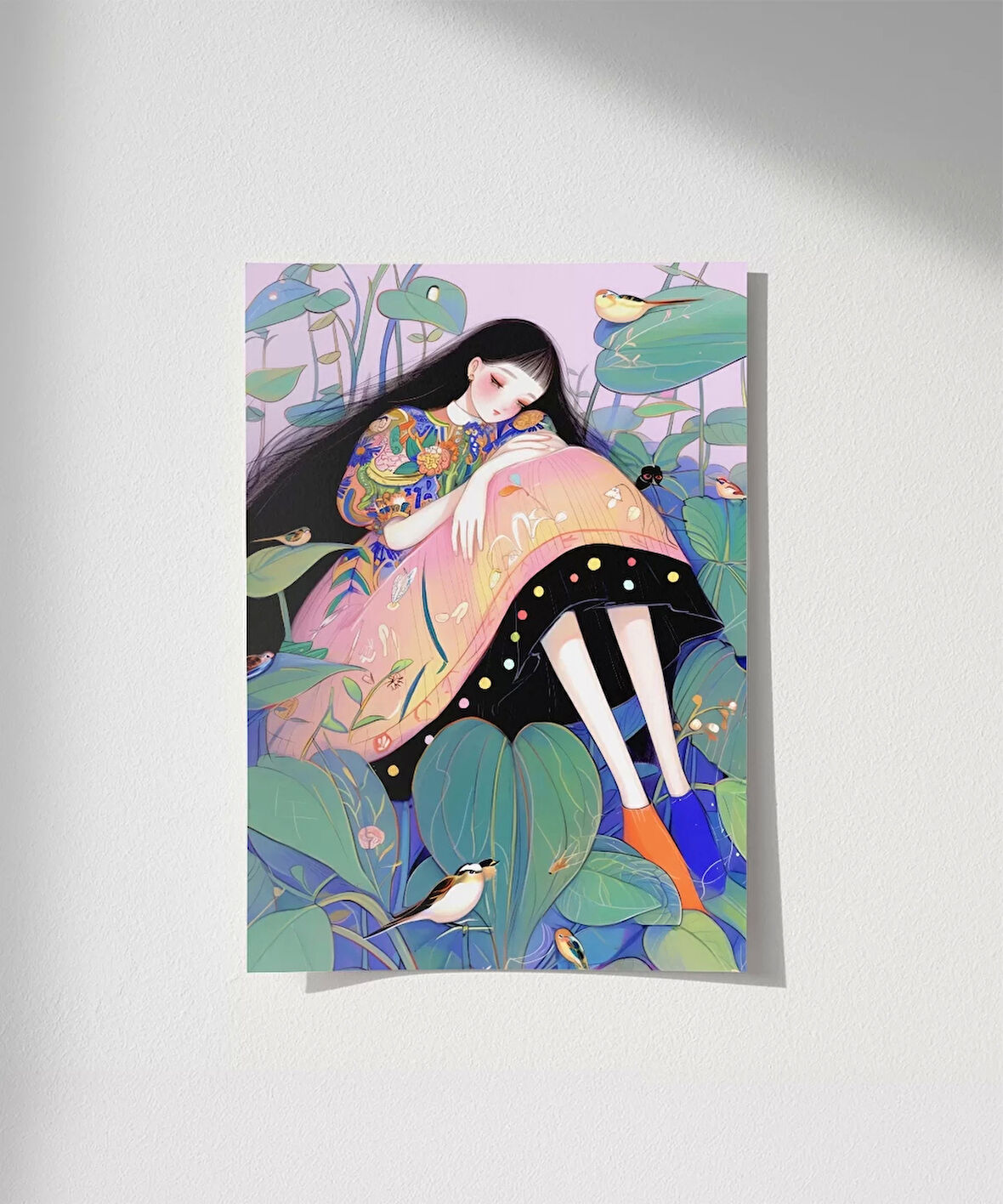 Çerçevesiz Poster Bitkiler ve Kuşlarla Süslenmiş