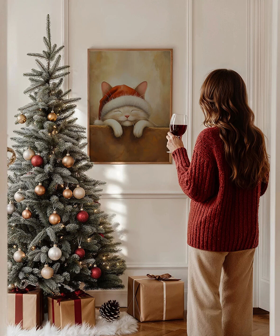 Çerçevesiz Poster Noel Şapkasıyla Mutlu Kedi