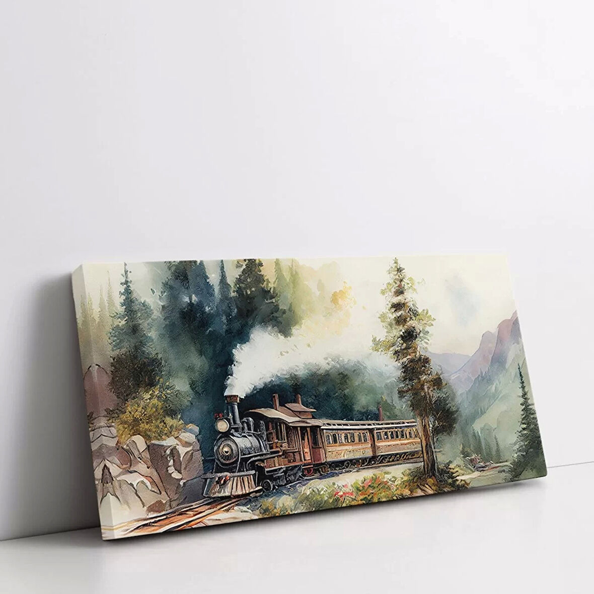 Buharlı Tren Ormanda Panoramik Yatay Kanvas Tablo