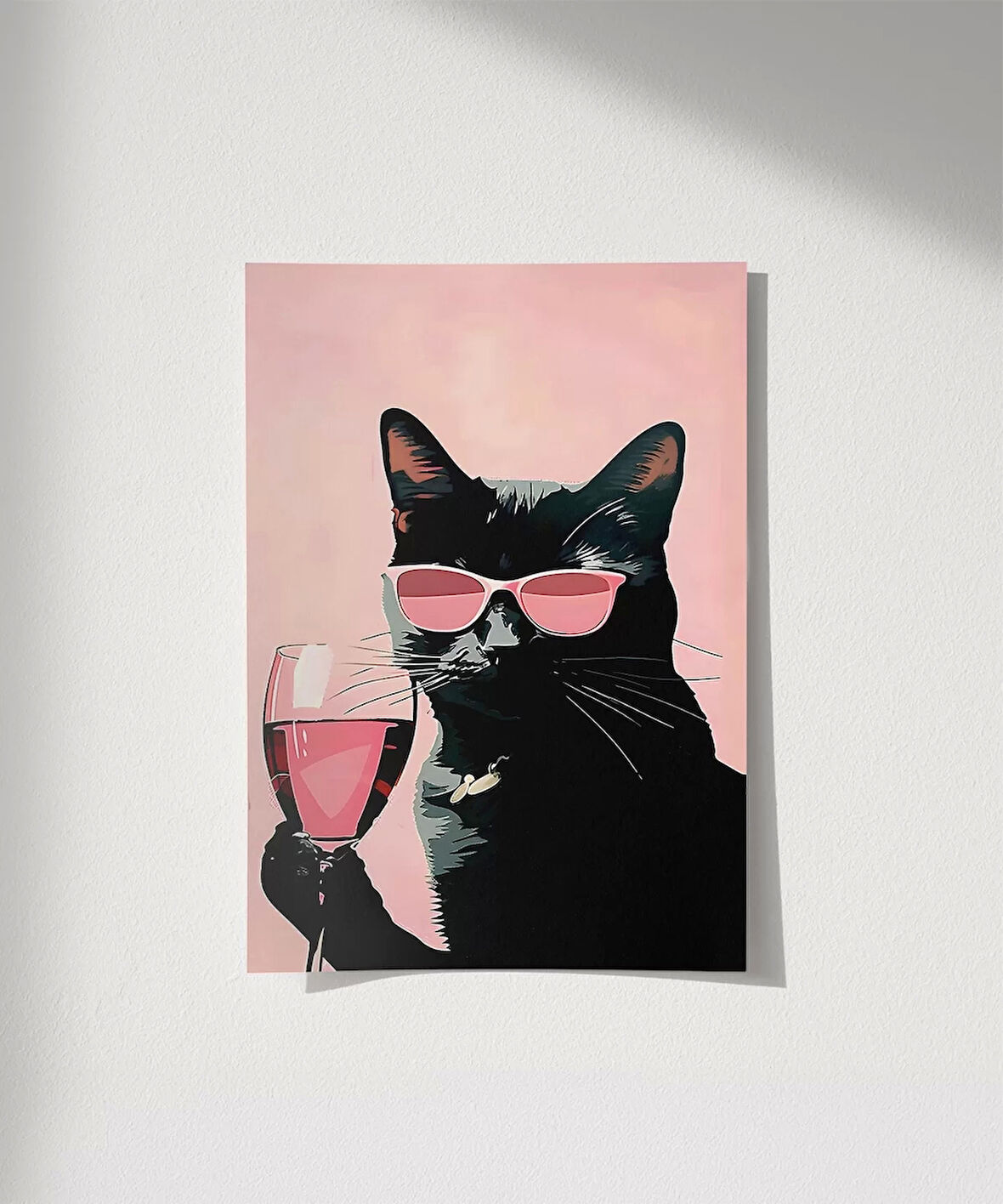 Çerçevesiz Poster Pembe Kadeh Siyah Kedi