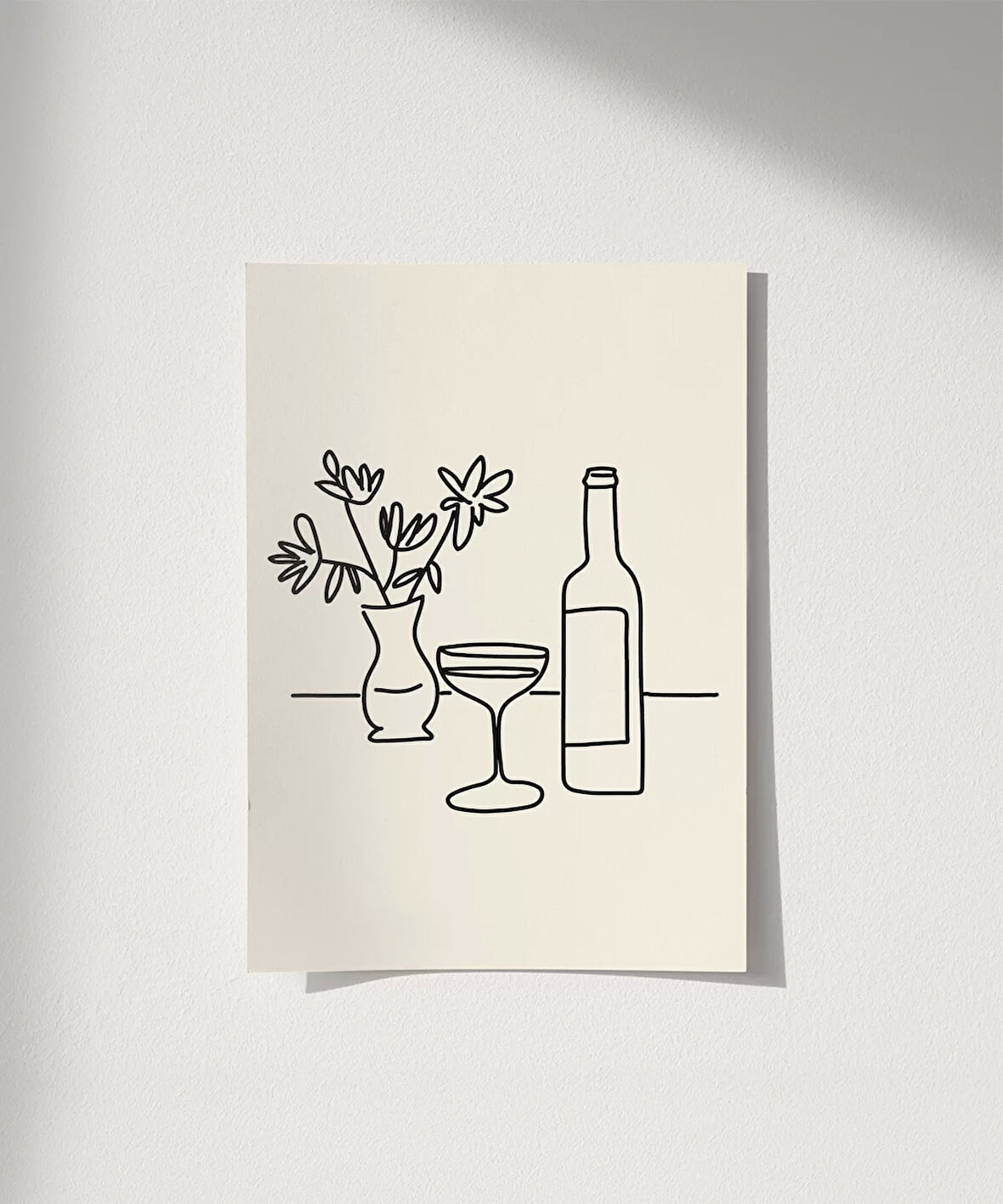 Çerçevesiz Poster Şarap Şişesi ve Çiçek Vazosu Line Art