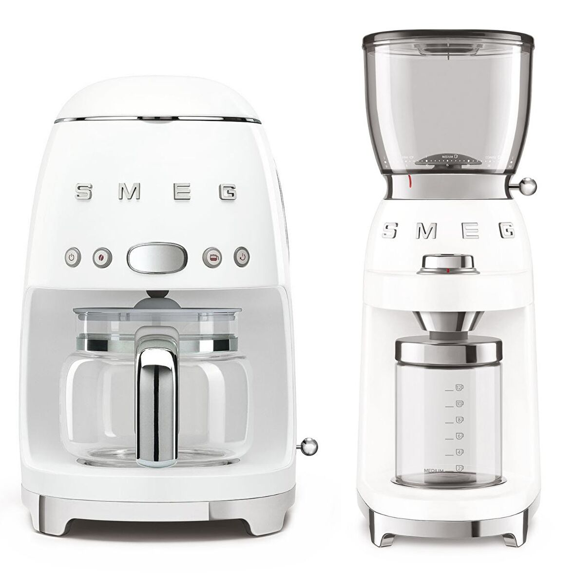 Smeg Beyaz Filtre Kahve Makinesi ve Kahve Öğütme Makinesi Seti