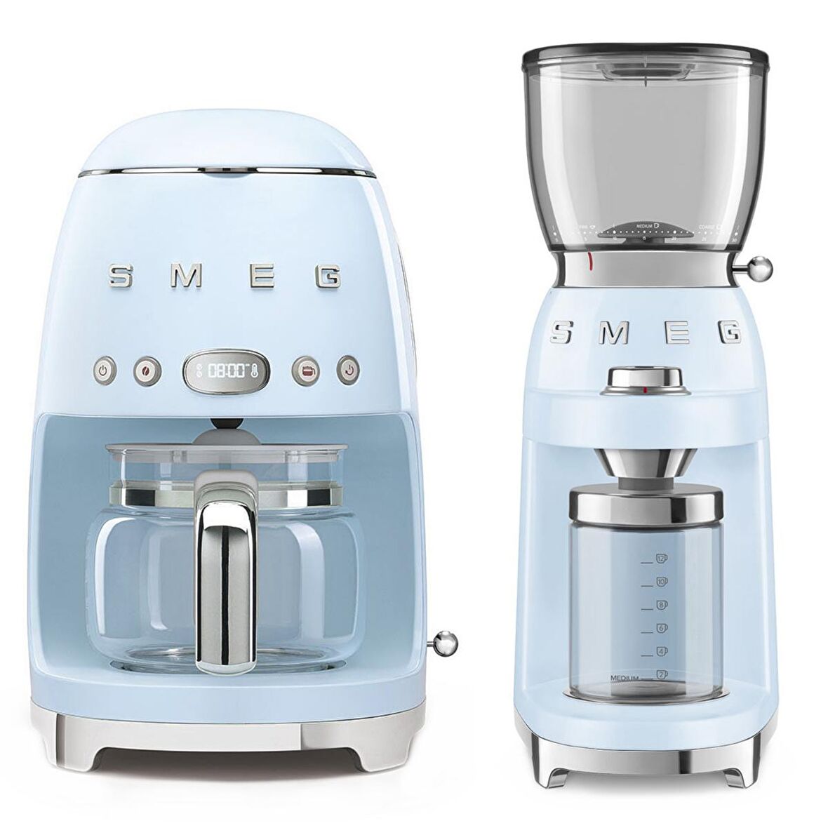 Smeg Pastel Mavi Filtre Kahve Makinesi ve Kahve Öğütme Makinesi Seti