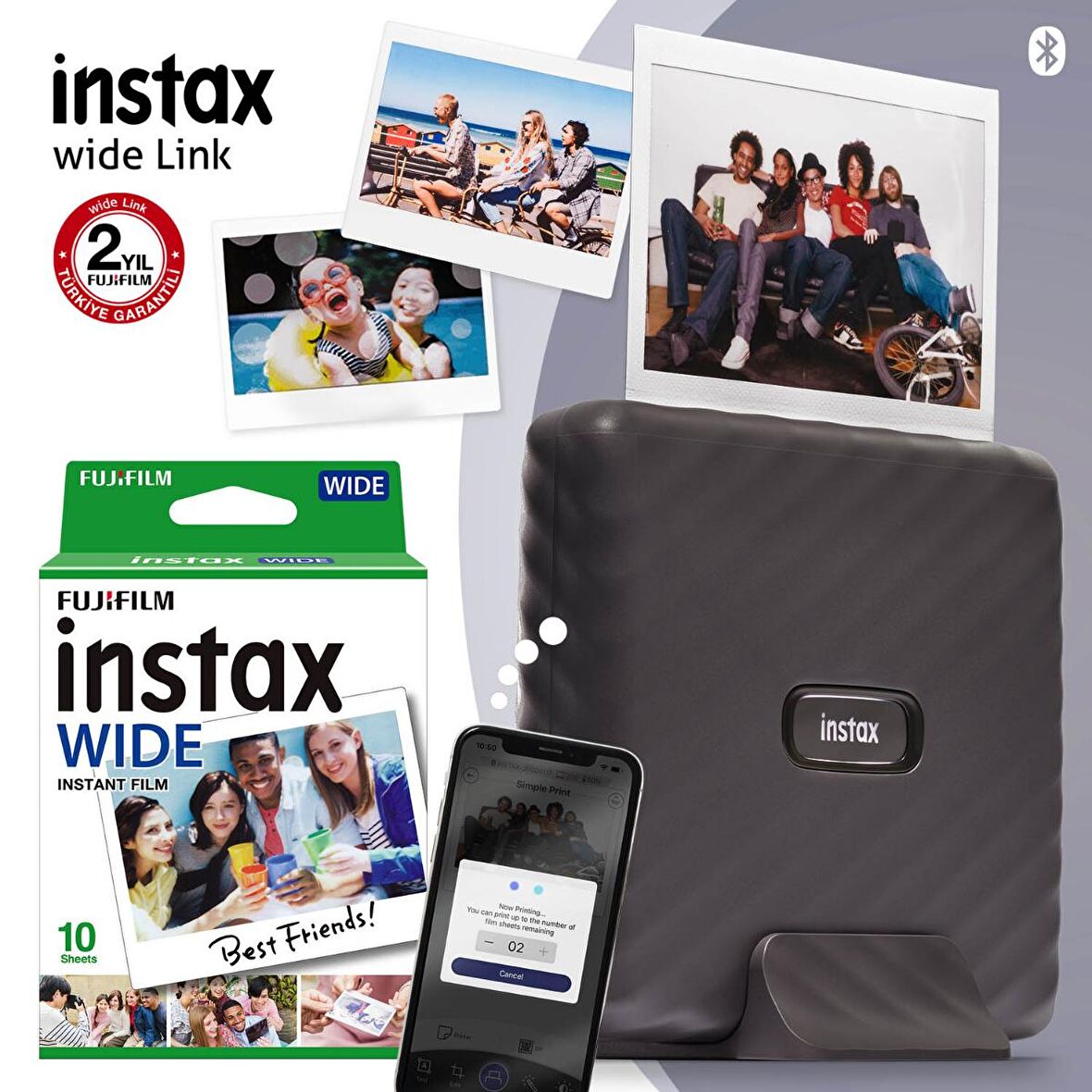 Instax Wide Link Gri Akıllı Telefon Yazıcısı ve 10'lu Film