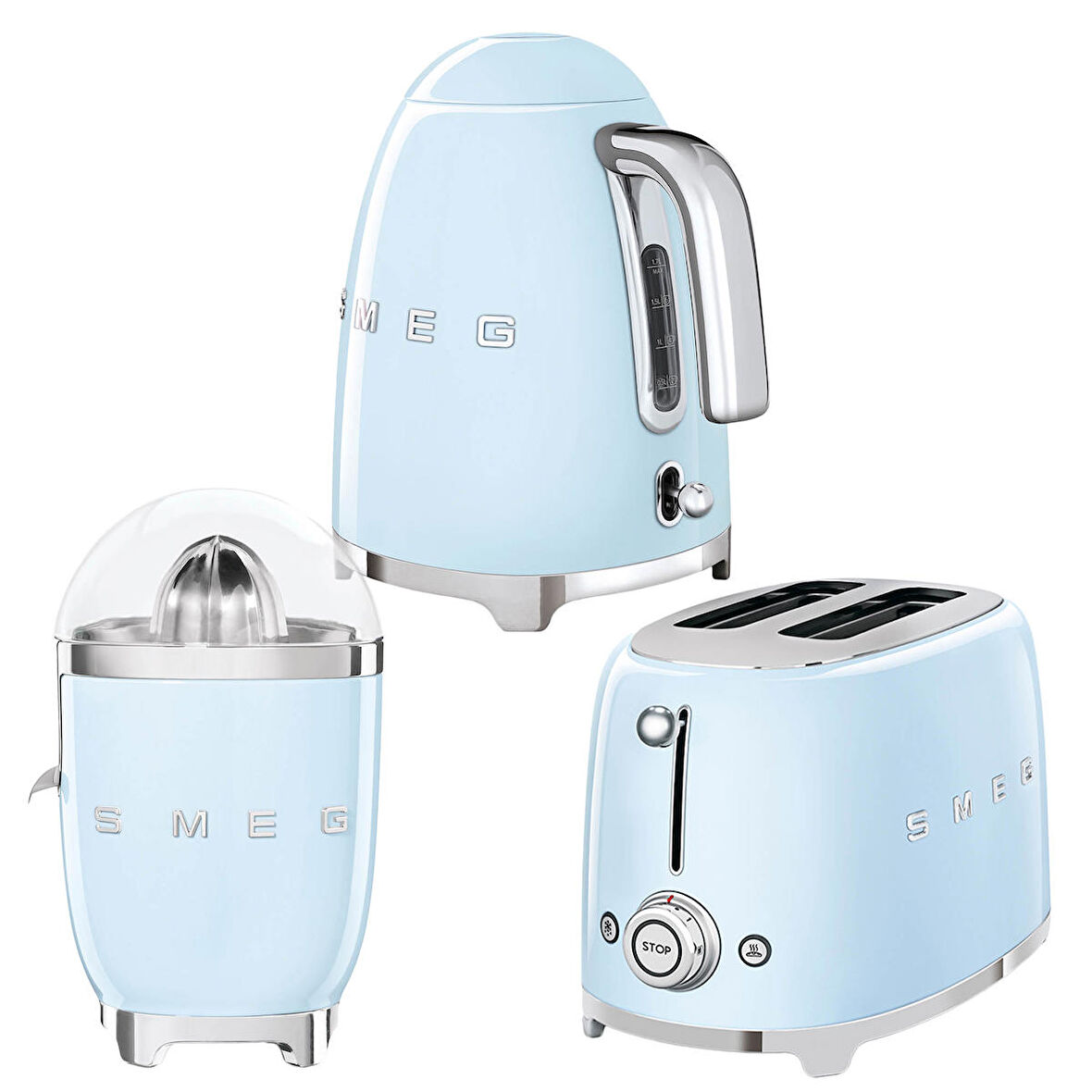 Smeg Pastel Mavi Kettle-1x2 Ekmek Kızartma Makinesi ve Narenciye Sıkacağı Seti