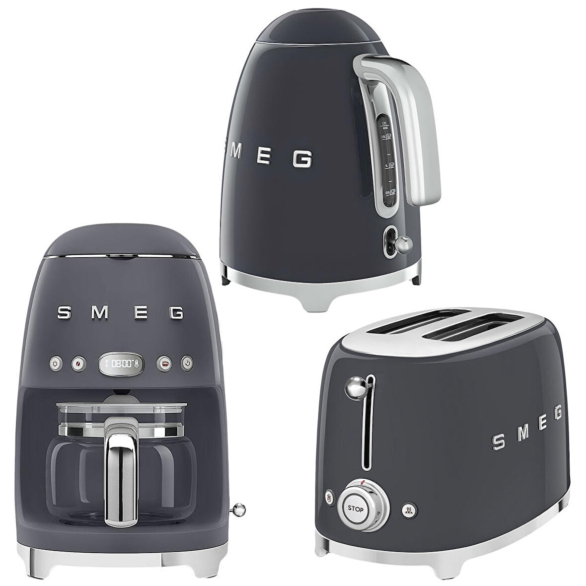 Smeg 50's Style Barut Gri Kettle - 1x2 Ekmek Kızartma Makinesi Ve Filtre Kahve Makine Seti