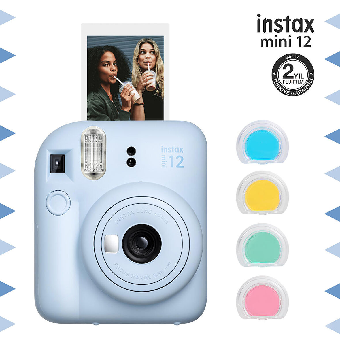 Instax mini 12 Mavi Fotoğraf Makinesi ve 4'lü Renkli Lens Seti