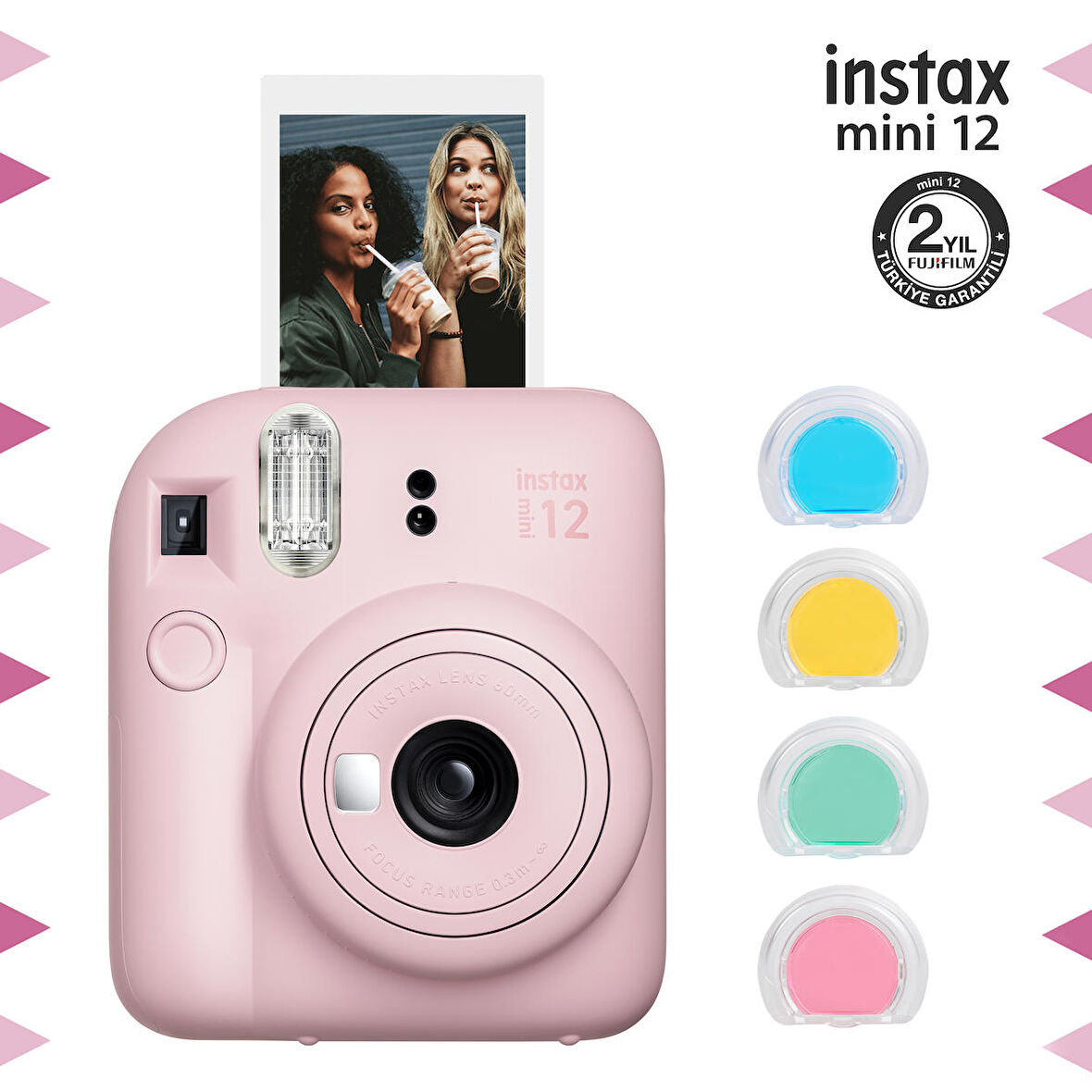 Instax mini 12 Pembe Fotoğraf Makinesi ve 4'lü Renkli Lens Seti